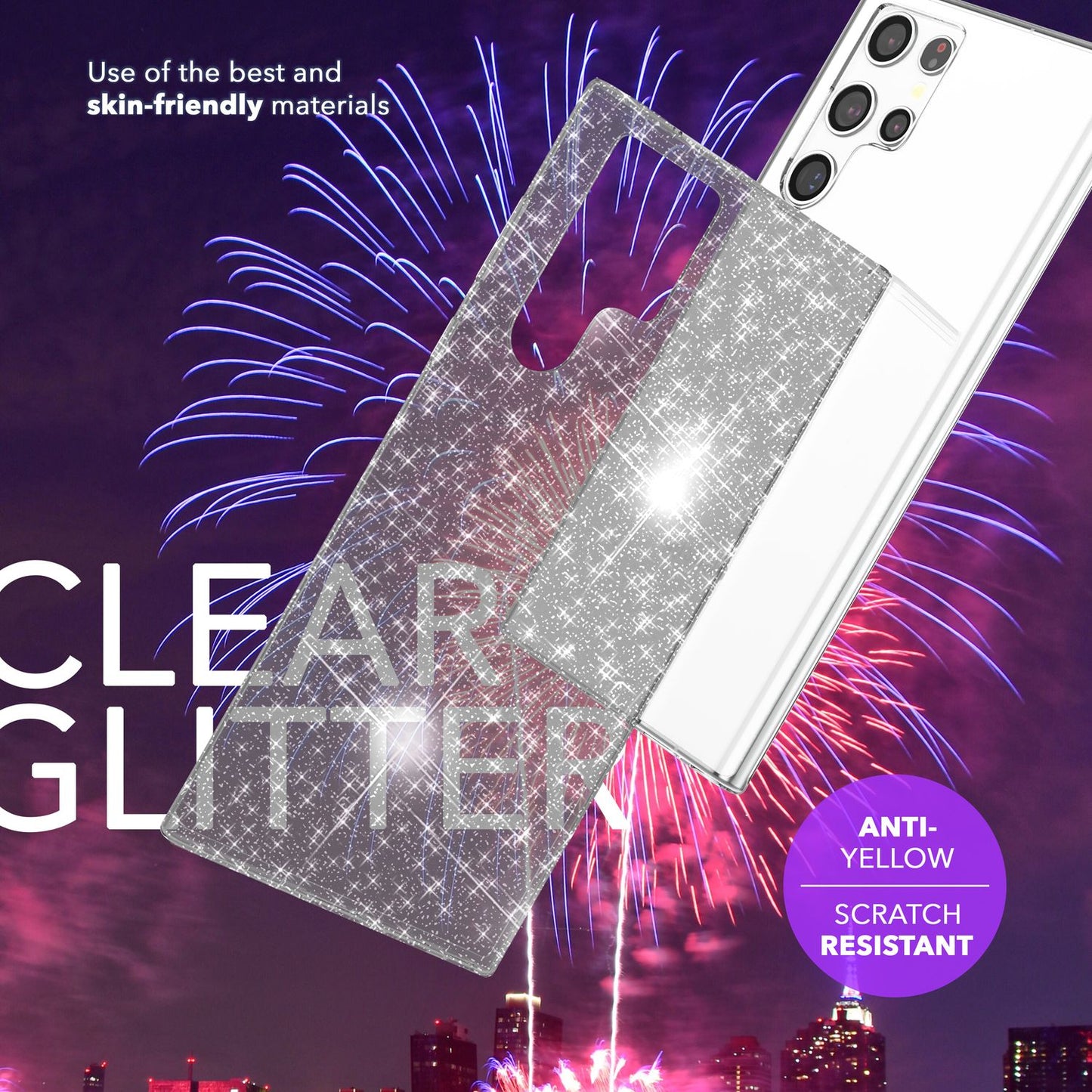 NALIA glitrandi verndarhulstur fyrir Samsung Galaxy S24 Ultra, gegnsætt sílikon símahulstur með demöntum og glitrandi gljáa