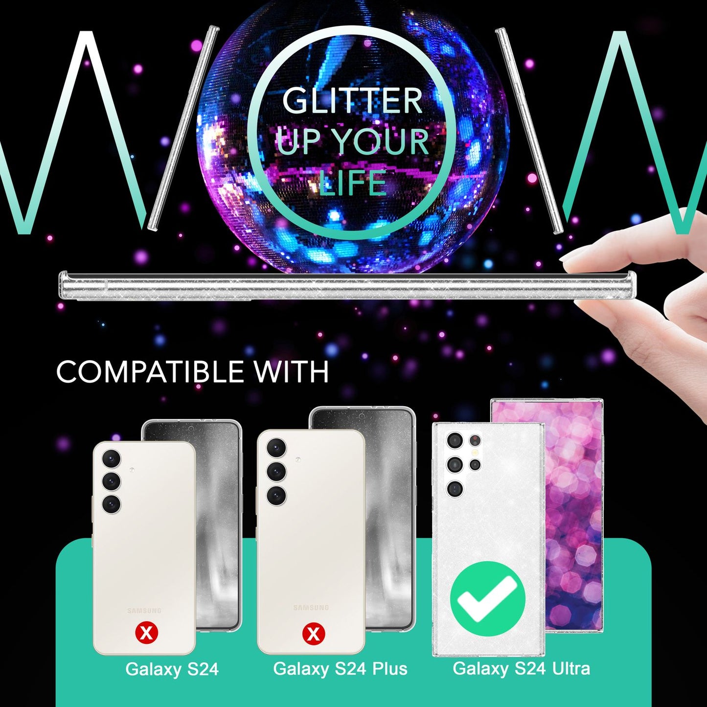 NALIA glitrandi verndarhulstur fyrir Samsung Galaxy S24 Ultra, gegnsætt sílikon símahulstur með demöntum og glitrandi gljáa