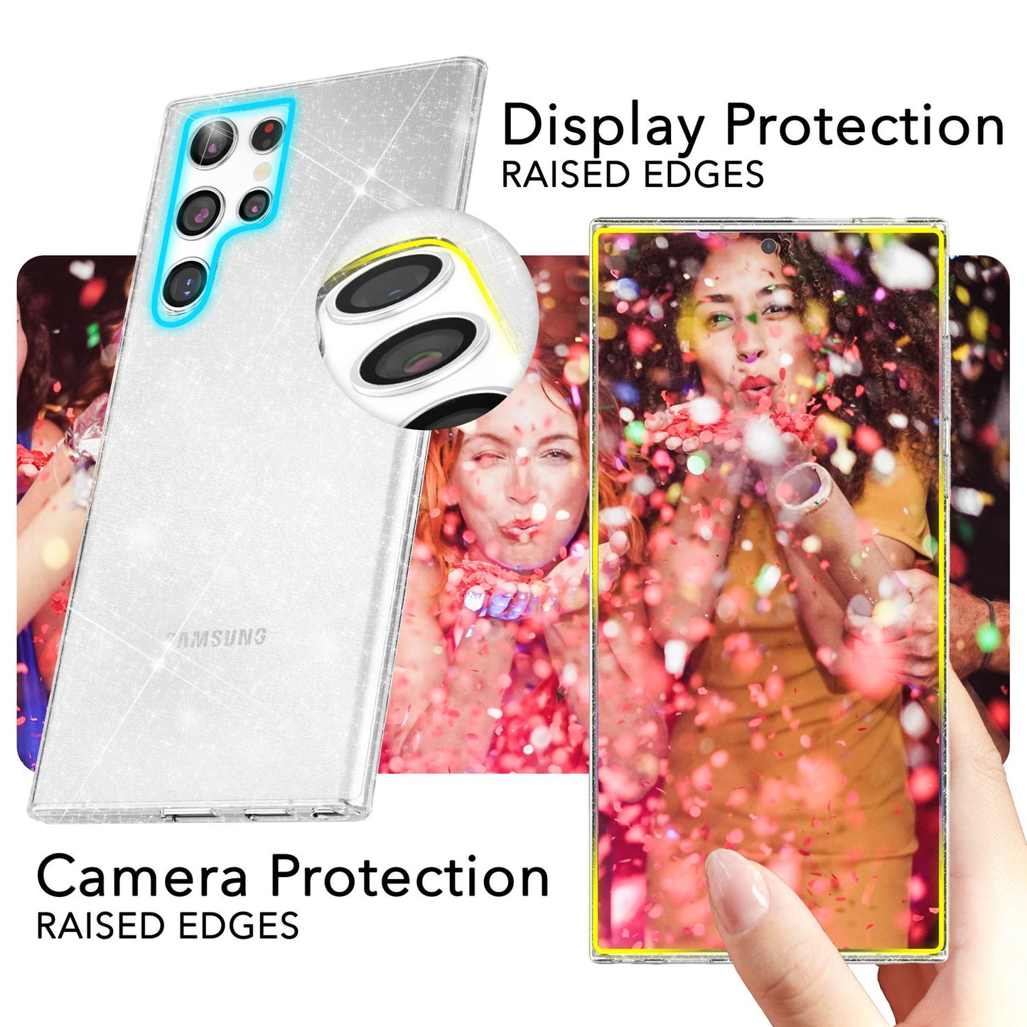 NALIA glitrandi verndarhulstur fyrir Samsung Galaxy S24 Ultra, gegnsætt sílikon símahulstur með demöntum og glitrandi gljáa