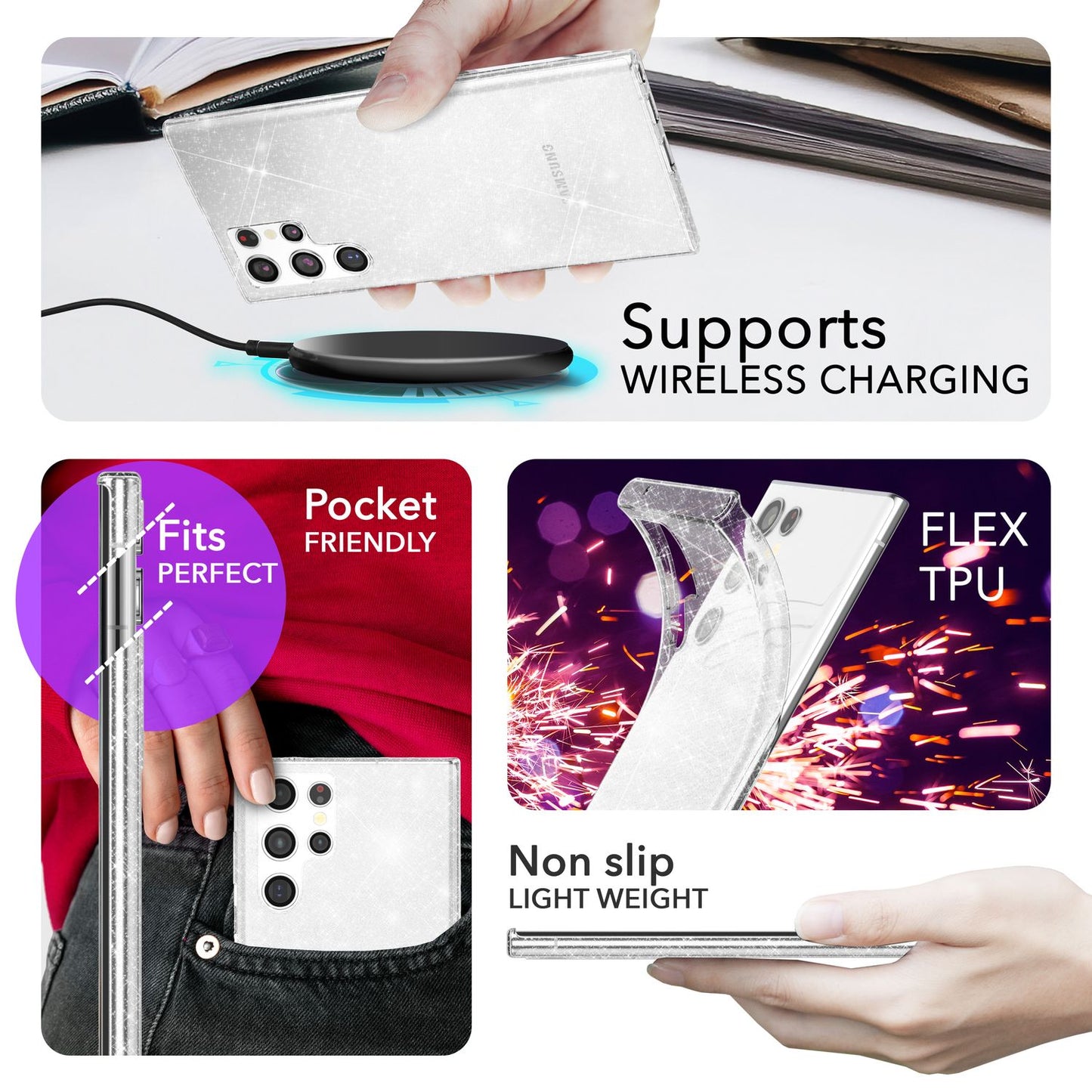 NALIA glitrandi verndarhulstur fyrir Samsung Galaxy S24 Ultra, gegnsætt sílikon símahulstur með demöntum og glitrandi gljáa