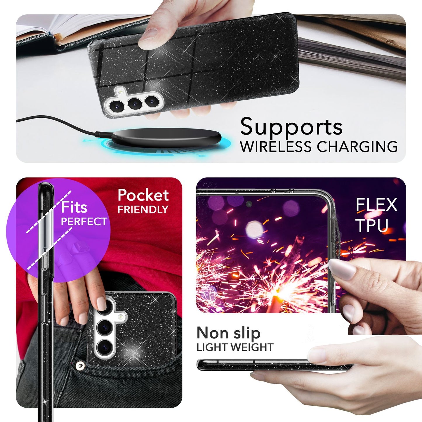 NALIA Hybrid Glitter Case for Samsung Galaxy S24, Shiny Glamour Glitter Protective Case with Reinforced Silicone