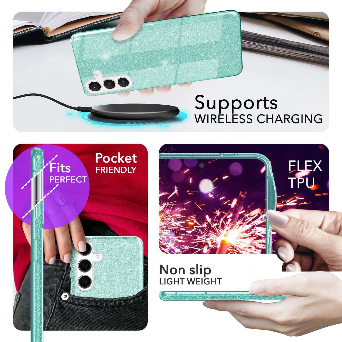 NALIA Hybrid Glitter Case for Samsung Galaxy S24, Shiny Glamour Glitter Protective Case with Reinforced Silicone