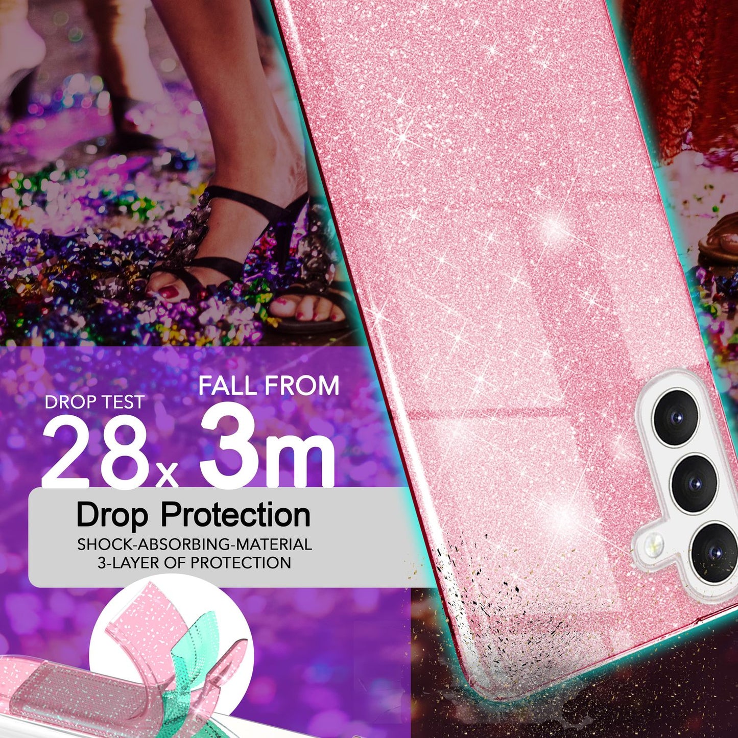 NALIA Hybrid Glitter Case for Samsung Galaxy S24, Shiny Glamour Glitter Protective Case with Reinforced Silicone