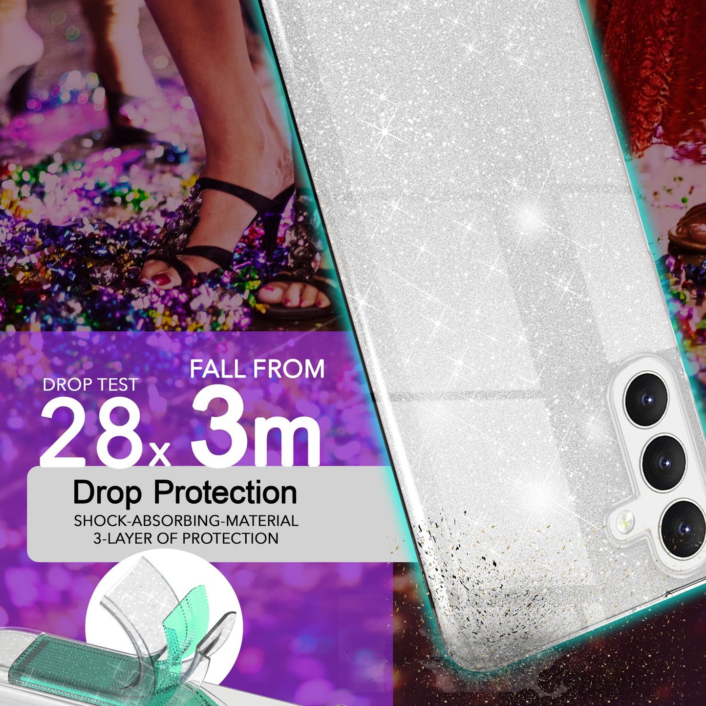 NALIA Hybrid Glitter Case for Samsung Galaxy S24, Shiny Glamour Glitter Protective Case with Reinforced Silicone