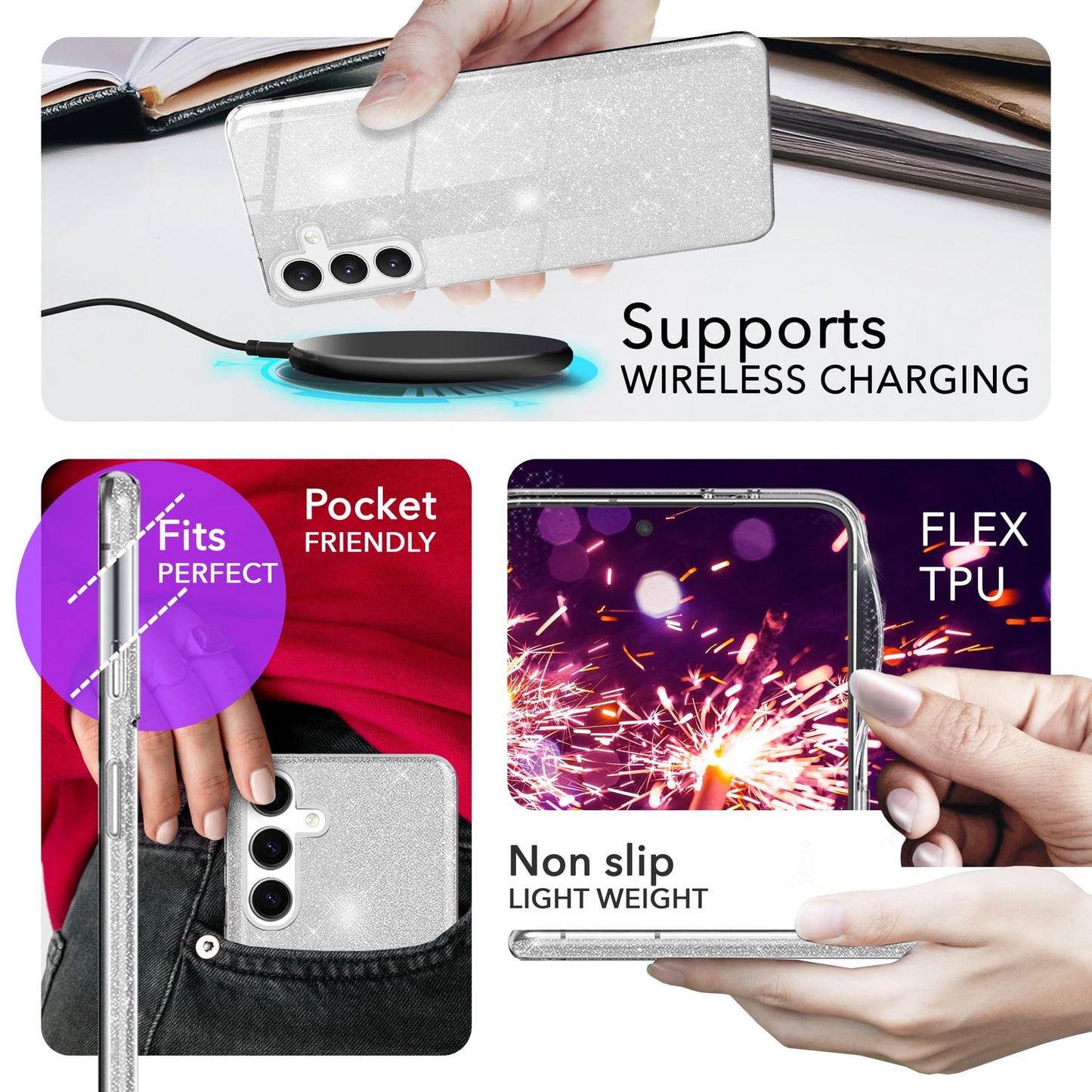 NALIA Hybrid Glitter Case for Samsung Galaxy S24, Shiny Glamour Glitter Protective Case with Reinforced Silicone