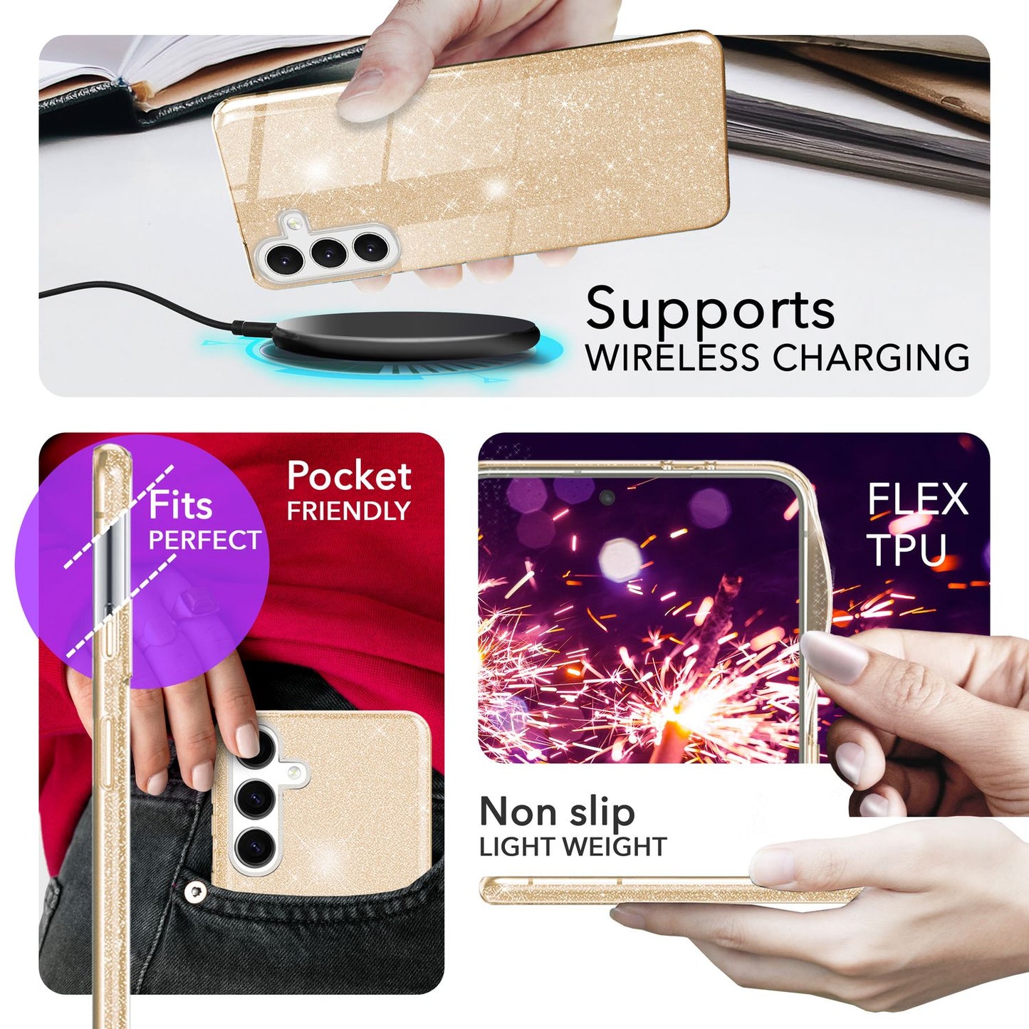 NALIA Hybrid Glitter Case for Samsung Galaxy S24 Plus, Shiny Glitter Protective Case with Reinforced Silicone