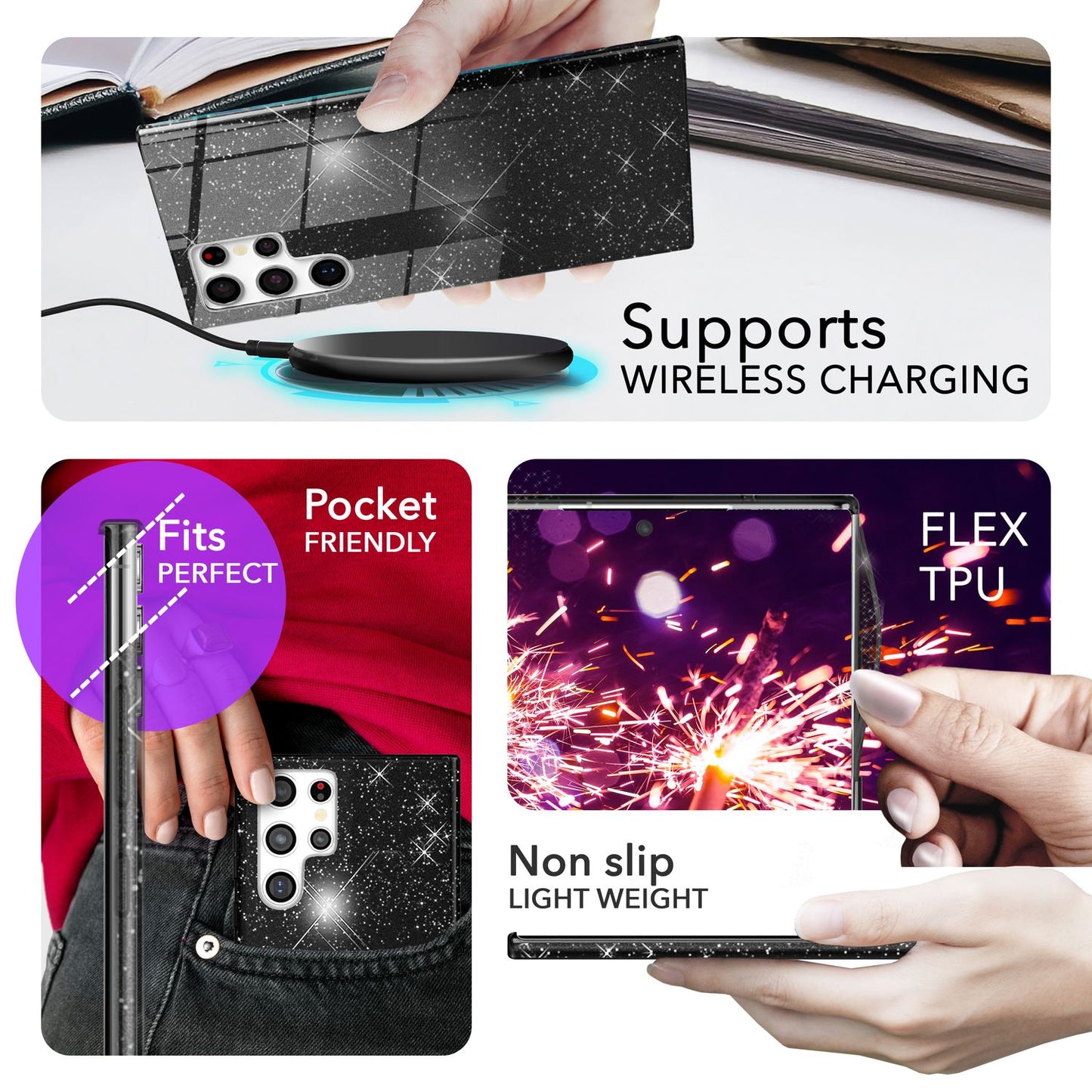 NALIA Hybrid Glitter Case for Samsung Galaxy S24 Ultra, Shiny Glitter Protective Case with Reinforced Silicone