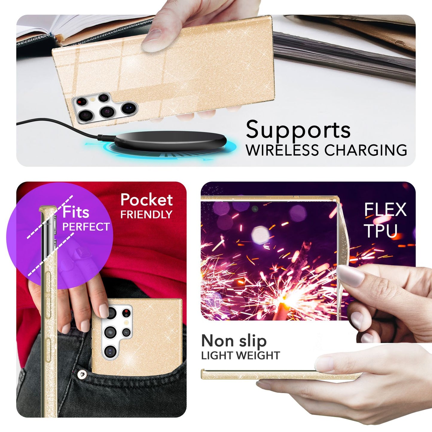 NALIA Hybrid Glitter Case for Samsung Galaxy S24 Ultra, Shiny Glitter Protective Case with Reinforced Silicone