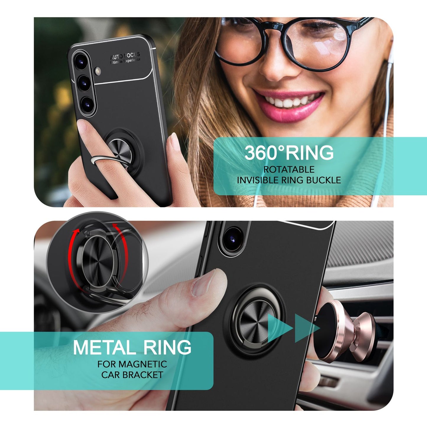 NALIA Matte Black Ring Case for Samsung Galaxy S24, Non-Slip Silicone Protective Case with 360-Degree Rotating Ring