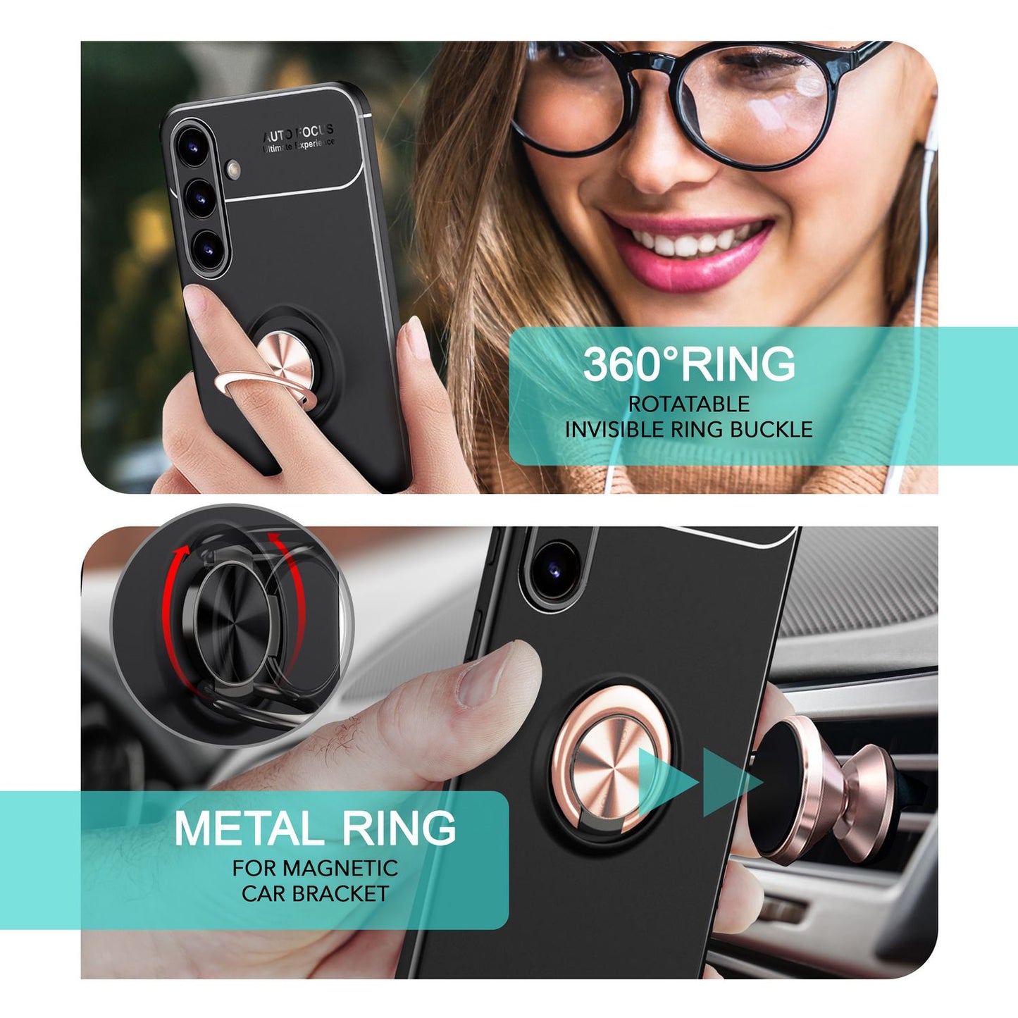 NALIA Matte Black Ring Case for Samsung Galaxy S24, Non-Slip Silicone Protective Case with 360-Degree Rotating Ring