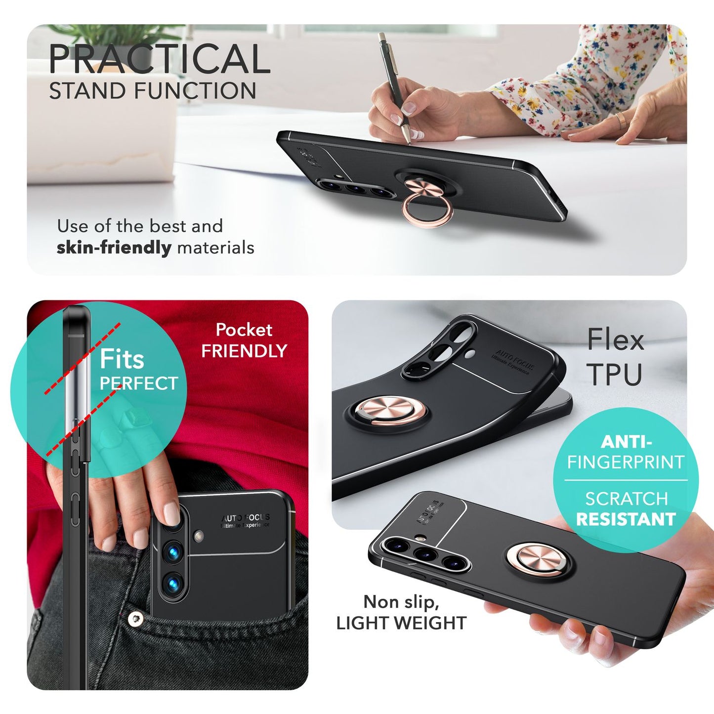 NALIA Matte Black Ring Case for Samsung Galaxy S24, Non-Slip Silicone Protective Case with 360-Degree Rotating Ring