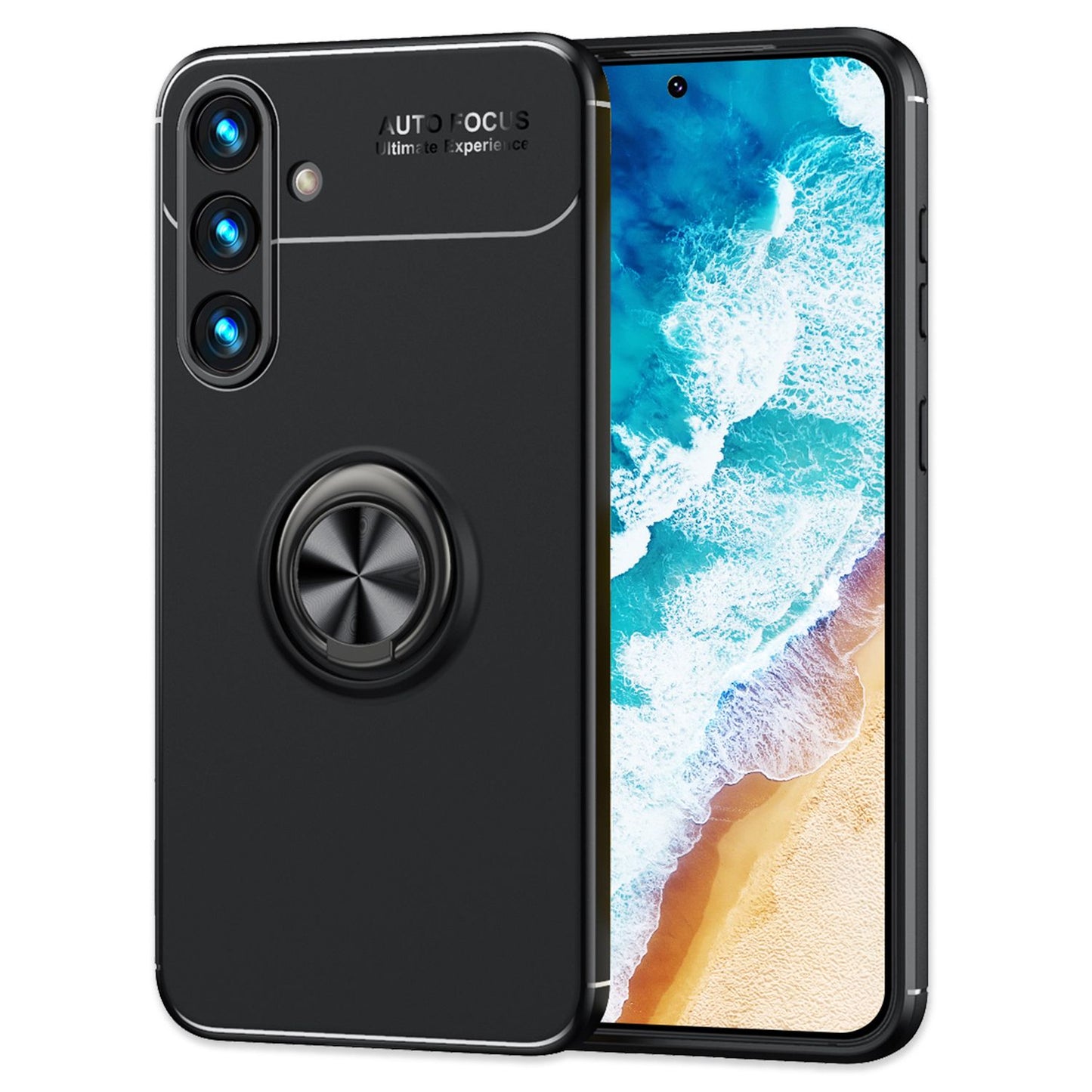 NALIA Matte Black Ring Cover fyrir Samsung Galaxy S24 Plus, sílikon hlífðarhulstur með 360 gráðu snúningshring