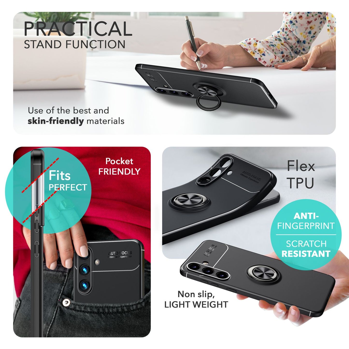 NALIA Matte Black Ring Cover fyrir Samsung Galaxy S24 Plus, sílikon hlífðarhulstur með 360 gráðu snúningshring