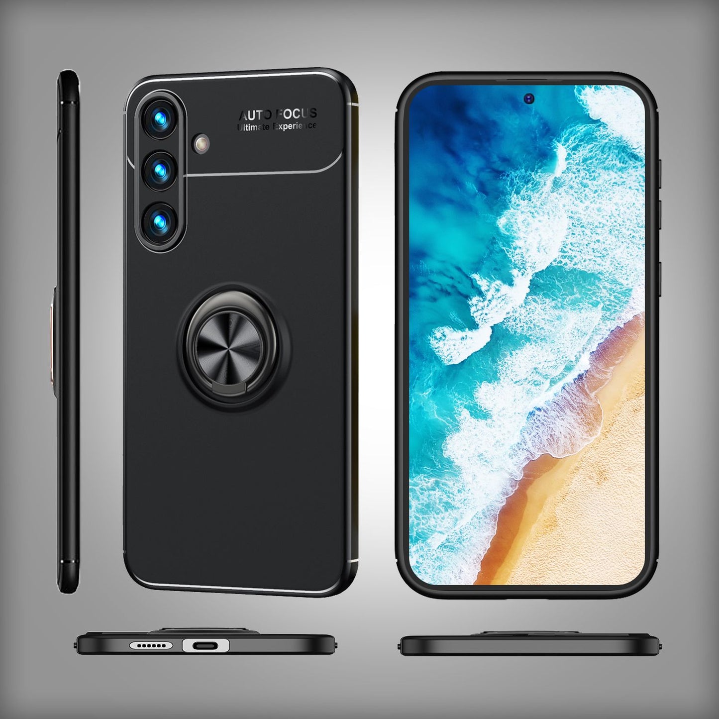 NALIA Matte Black Ring Cover fyrir Samsung Galaxy S24 Plus, sílikon hlífðarhulstur með 360 gráðu snúningshring