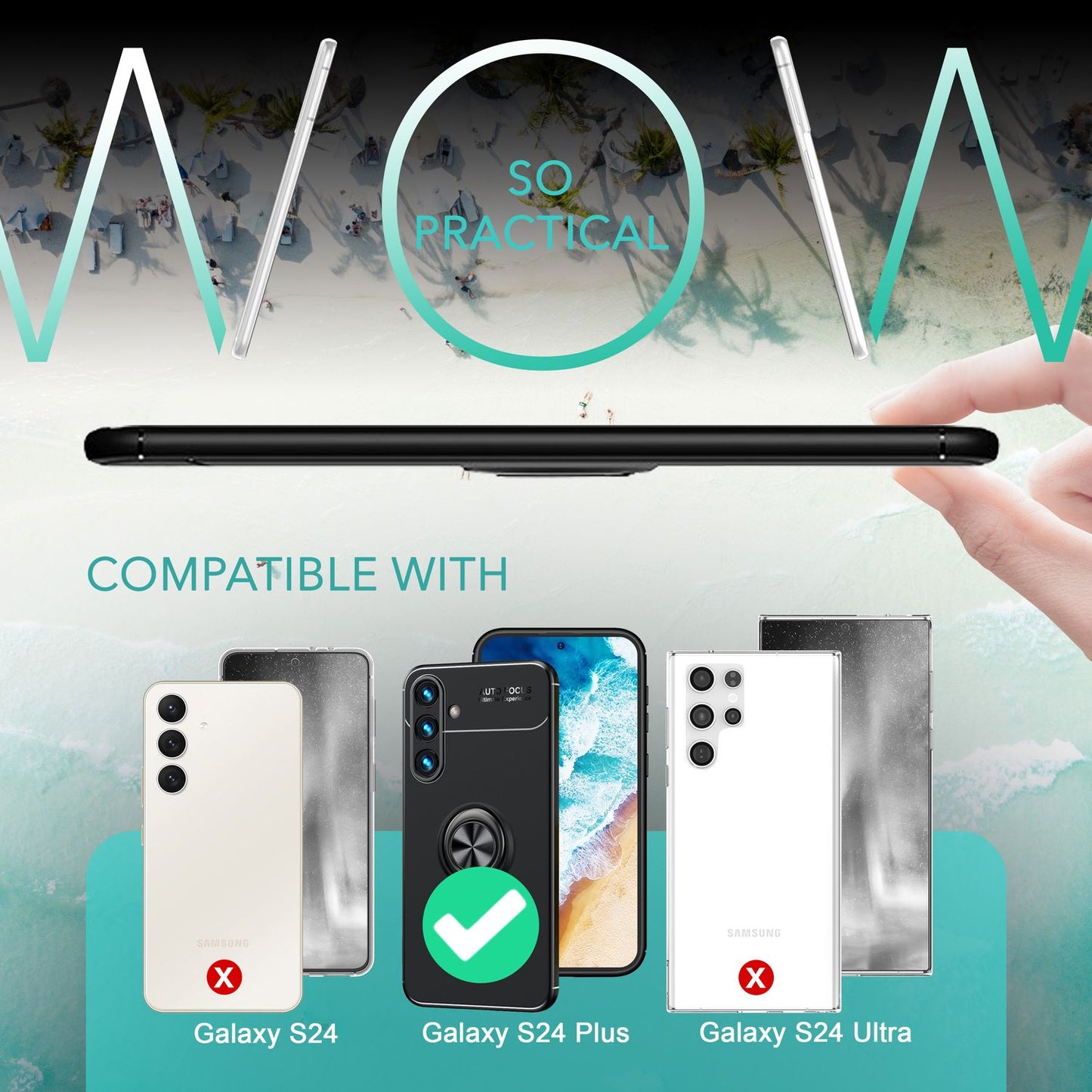 NALIA Matte Black Ring Cover fyrir Samsung Galaxy S24 Plus, sílikon hlífðarhulstur með 360 gráðu snúningshring