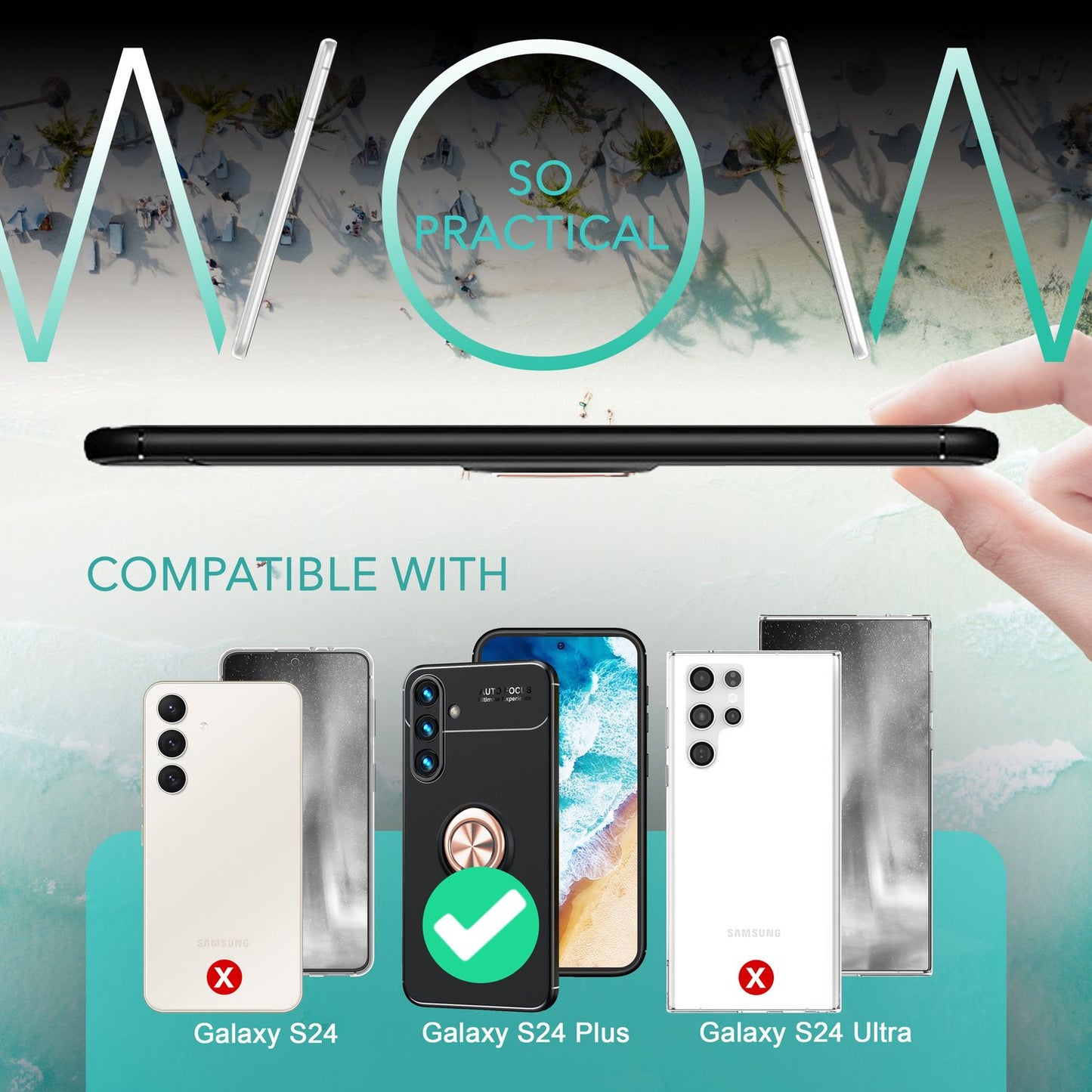 NALIA Matte Black Ring Cover fyrir Samsung Galaxy S24 Plus, sílikon hlífðarhulstur með 360 gráðu snúningshring