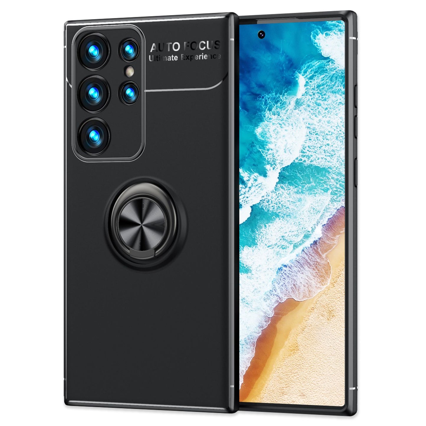 NALIA Matte Black Ring Cover fyrir Samsung Galaxy S24 Ultra, sílikon hlífðarhulstur með 360° snúningshring