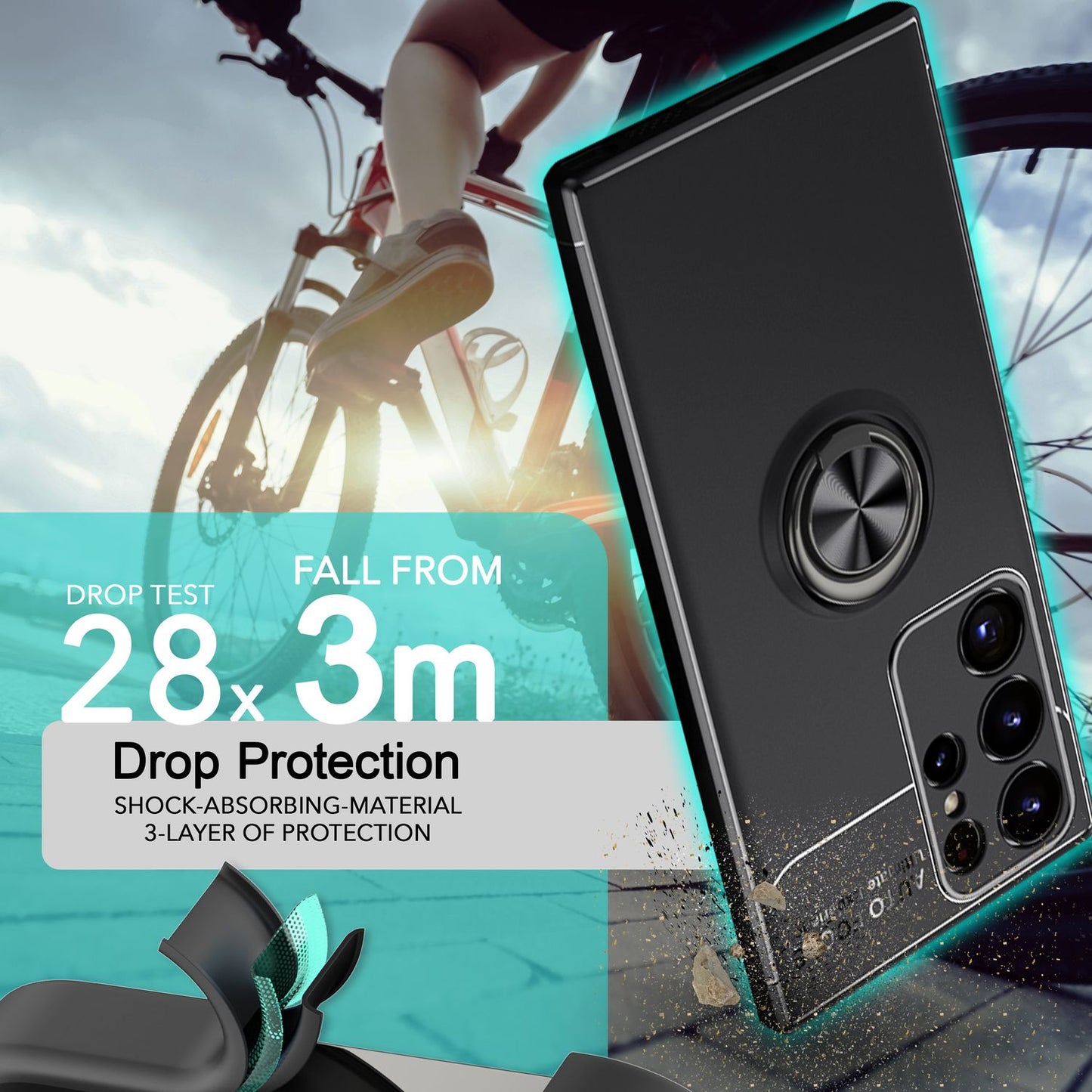 NALIA Matte Black Ring Cover fyrir Samsung Galaxy S24 Ultra, sílikon hlífðarhulstur með 360° snúningshring