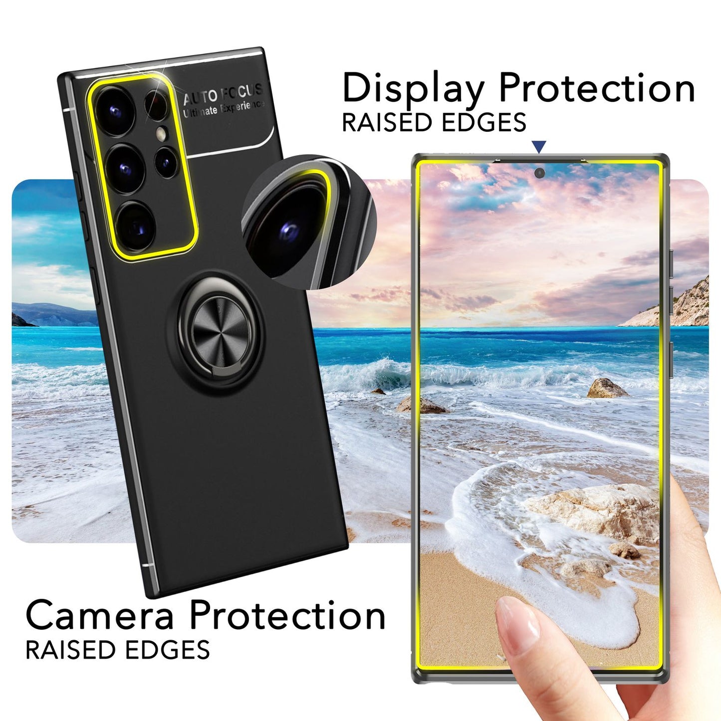 NALIA Matte Black Ring Cover fyrir Samsung Galaxy S24 Ultra, sílikon hlífðarhulstur með 360° snúningshring