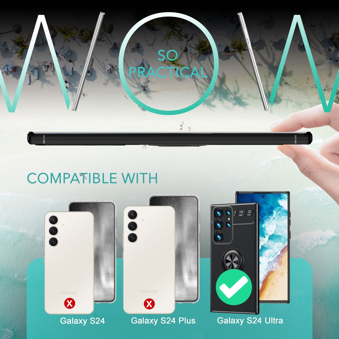 NALIA Matte Black Ring Cover fyrir Samsung Galaxy S24 Ultra, sílikon hlífðarhulstur með 360° snúningshring