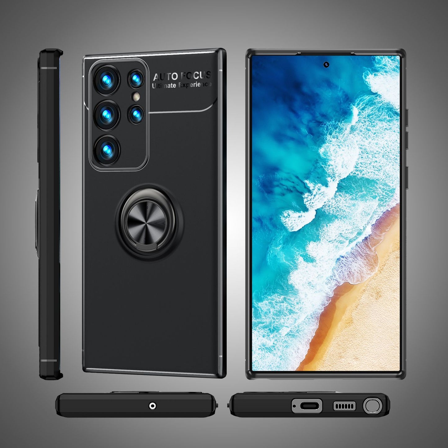 NALIA Matte Black Ring Cover fyrir Samsung Galaxy S24 Ultra, sílikon hlífðarhulstur með 360° snúningshring