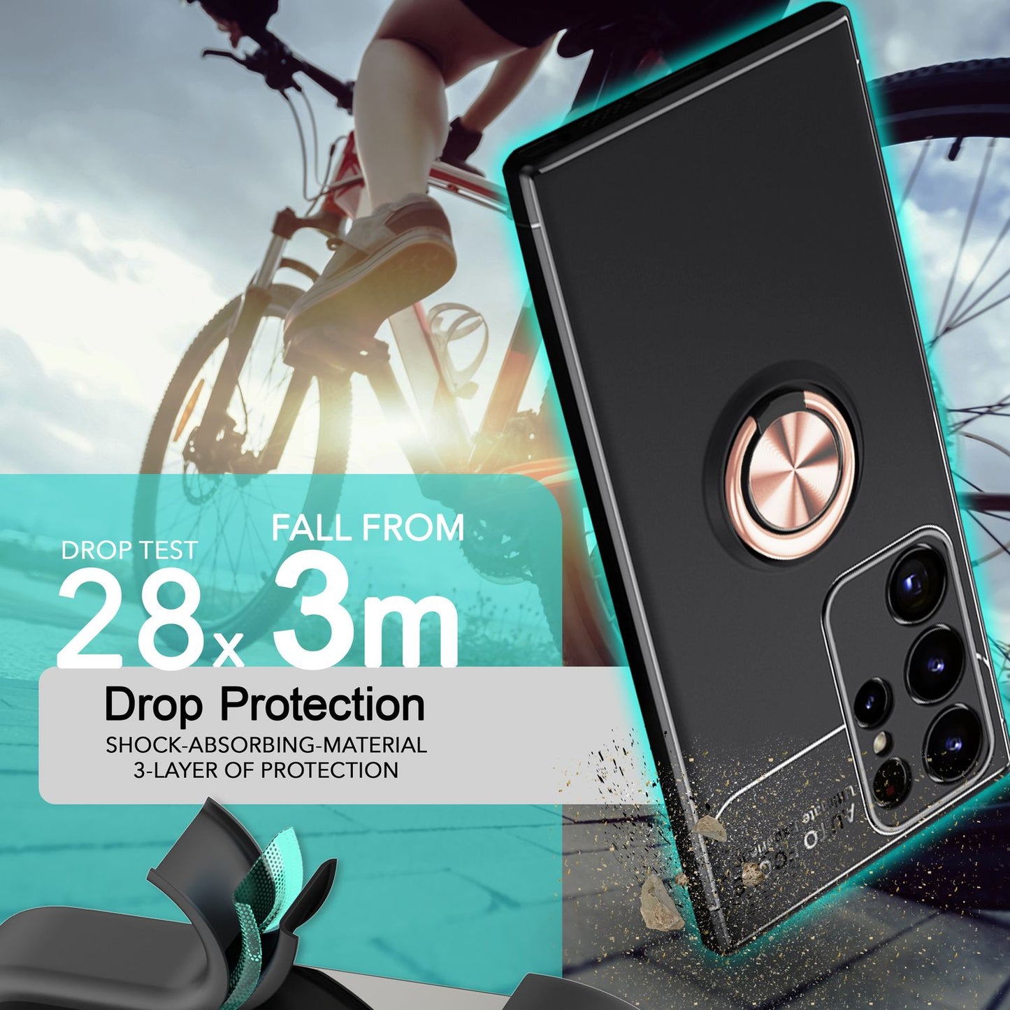 NALIA Matte Black Ring Cover fyrir Samsung Galaxy S24 Ultra, sílikon hlífðarhulstur með 360° snúningshring