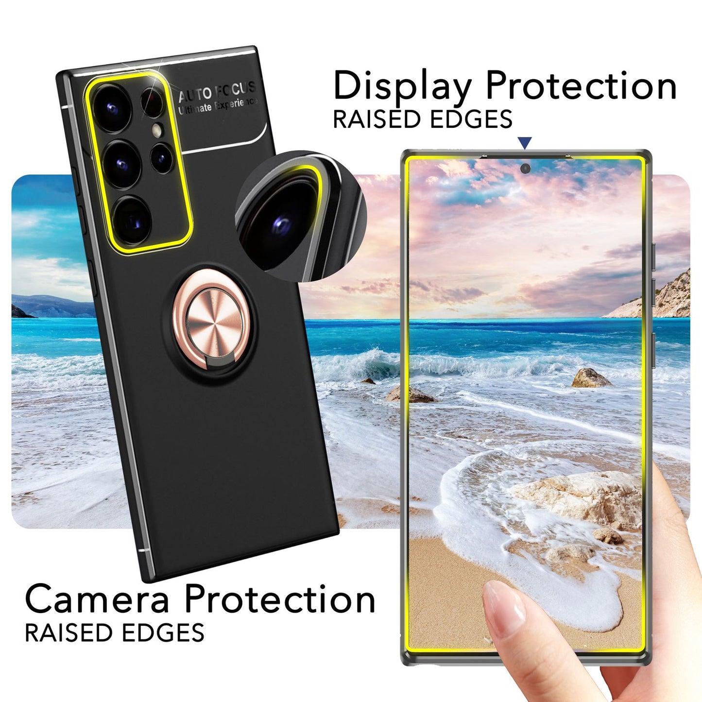 NALIA Matte Black Ring Cover fyrir Samsung Galaxy S24 Ultra, sílikon hlífðarhulstur með 360° snúningshring