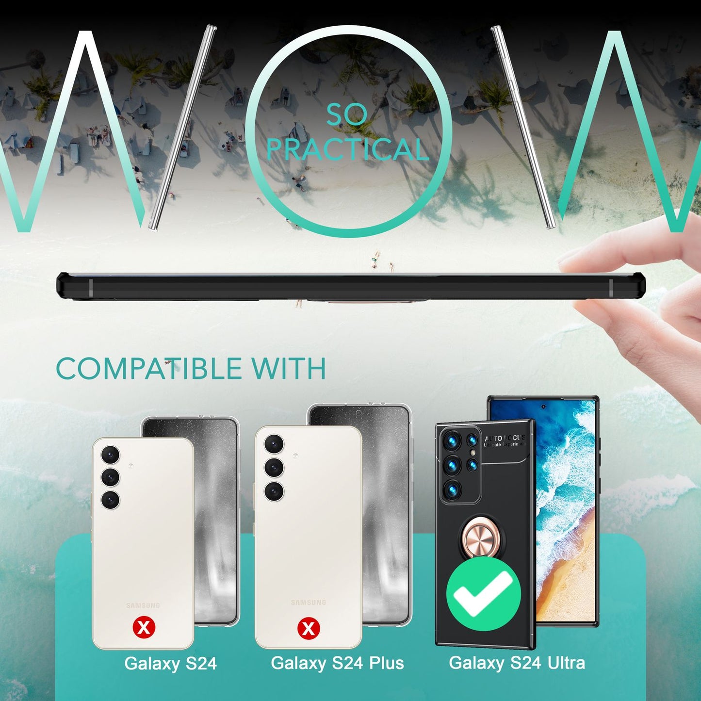 NALIA Matte Black Ring Cover fyrir Samsung Galaxy S24 Ultra, sílikon hlífðarhulstur með 360° snúningshring