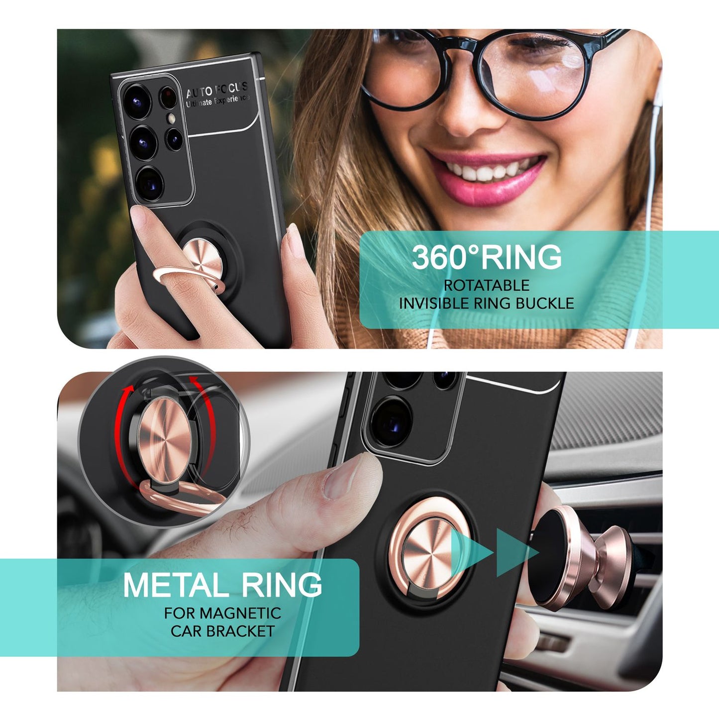 NALIA Matte Black Ring Cover fyrir Samsung Galaxy S24 Ultra, sílikon hlífðarhulstur með 360° snúningshring