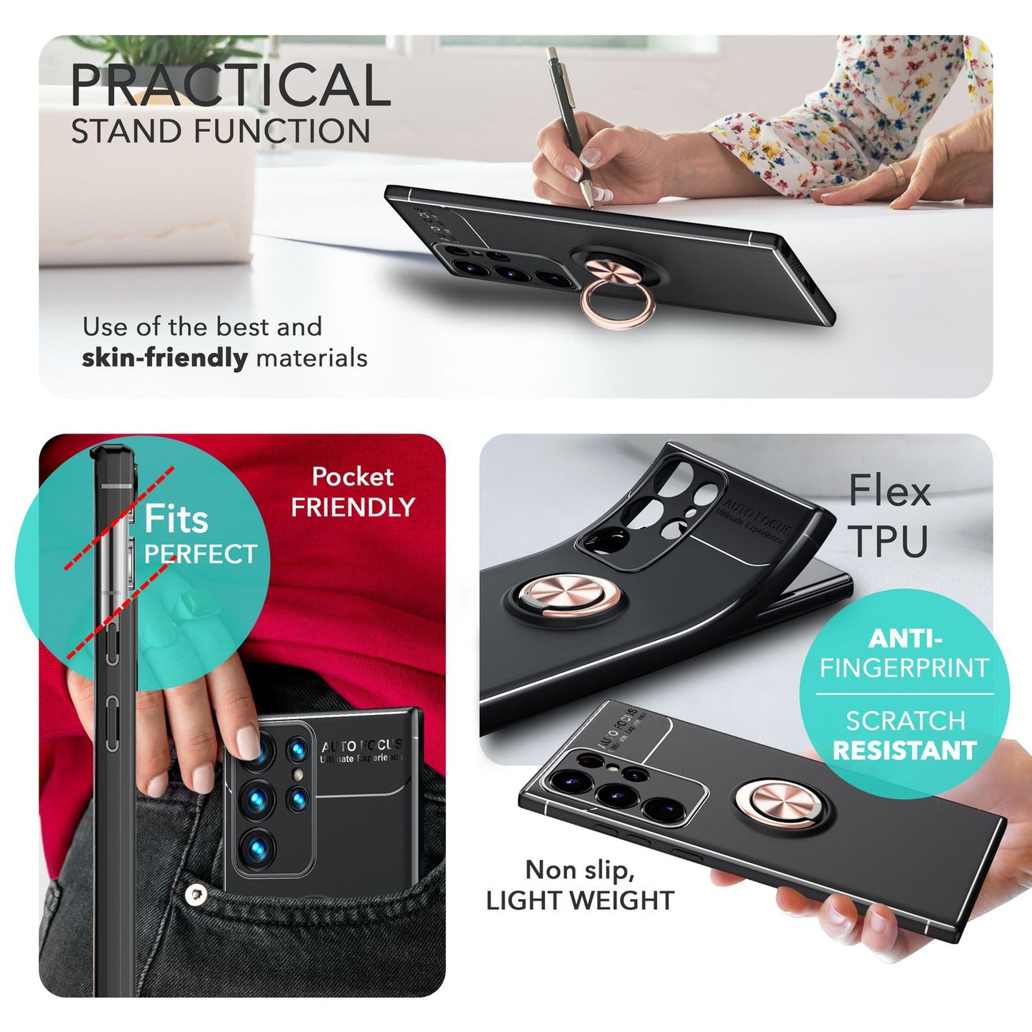 NALIA Matte Black Ring Cover fyrir Samsung Galaxy S24 Ultra, sílikon hlífðarhulstur með 360° snúningshring