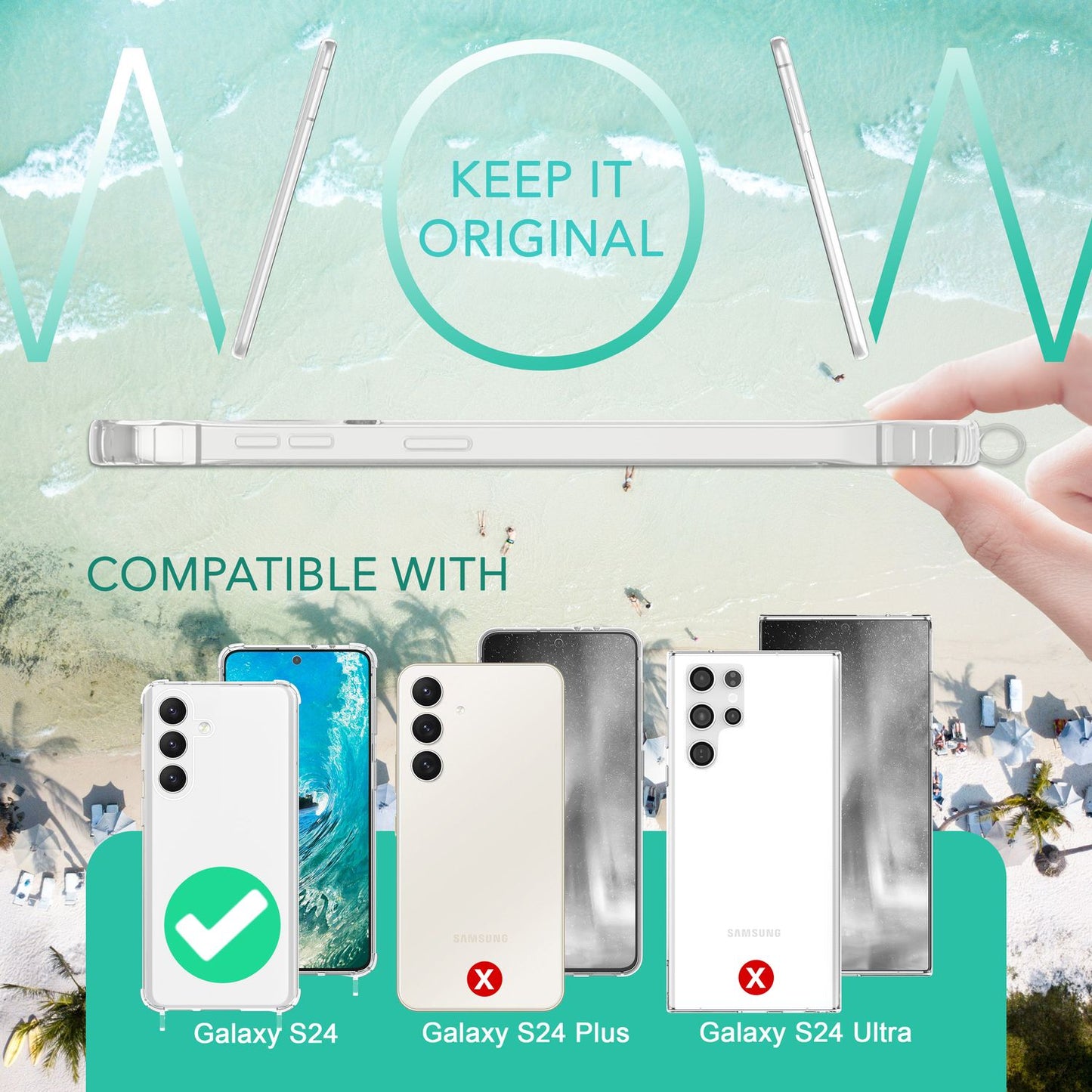 NALIA gegnsætt hlífðarhulstur með keðju fyrir Samsung Galaxy S24, gegnsætt og sterkt símahulstur með ól til að bera um hálsinn