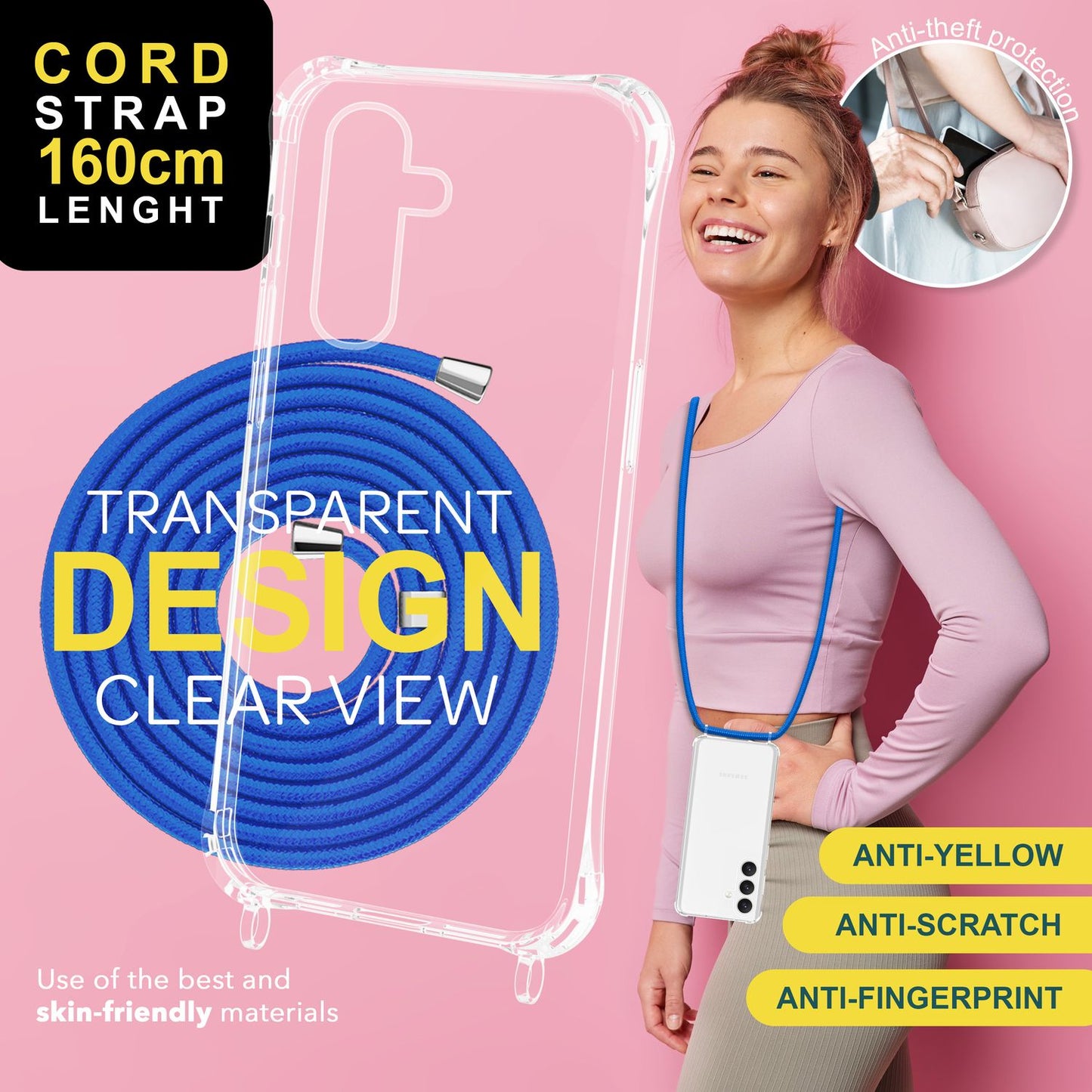 NALIA gegnsætt hlífðarhulstur með keðju fyrir Samsung Galaxy S24, gegnsætt og sterkt símahulstur með ól til að bera um hálsinn