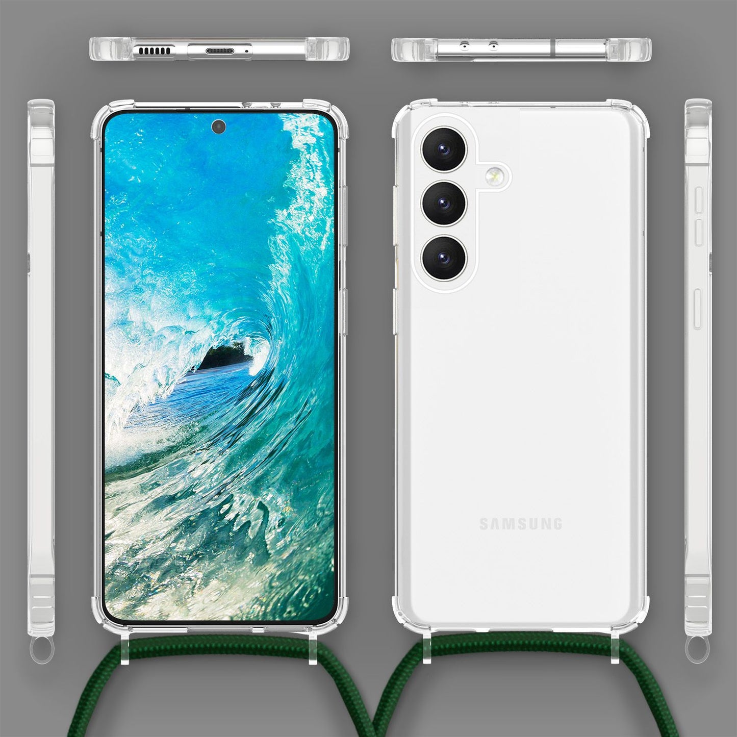 NALIA gegnsætt hlífðarhulstur með keðju fyrir Samsung Galaxy S24, gegnsætt og sterkt símahulstur með ól til að bera um hálsinn