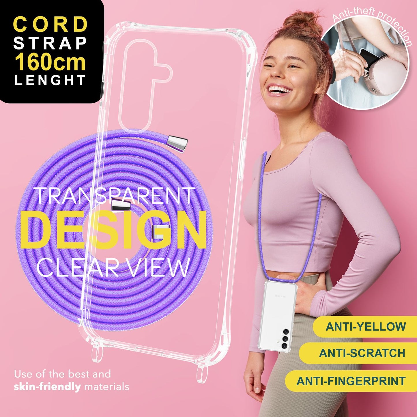 NALIA gegnsætt hlífðarhulstur með keðju fyrir Samsung Galaxy S24, gegnsætt og sterkt símahulstur með ól til að bera um hálsinn