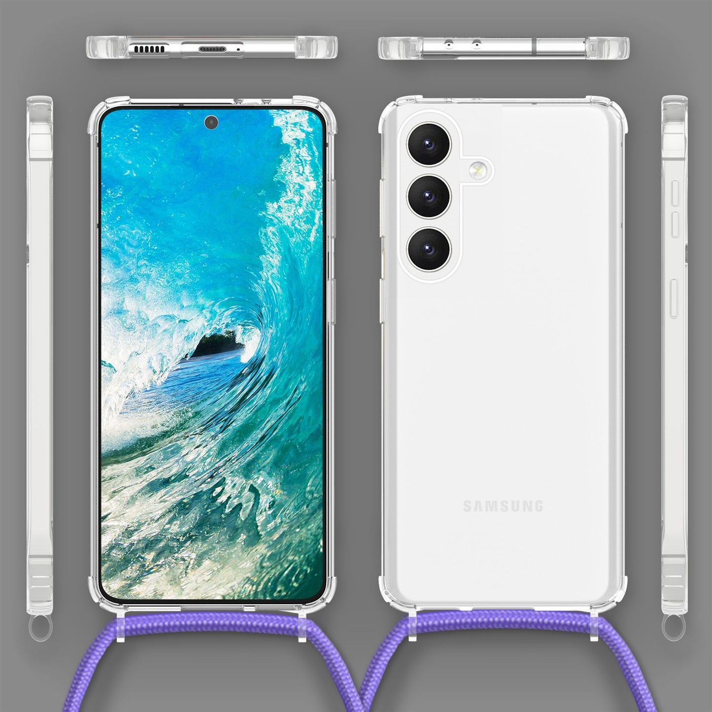 NALIA gegnsætt hlífðarhulstur með keðju fyrir Samsung Galaxy S24, gegnsætt og sterkt símahulstur með ól til að bera um hálsinn