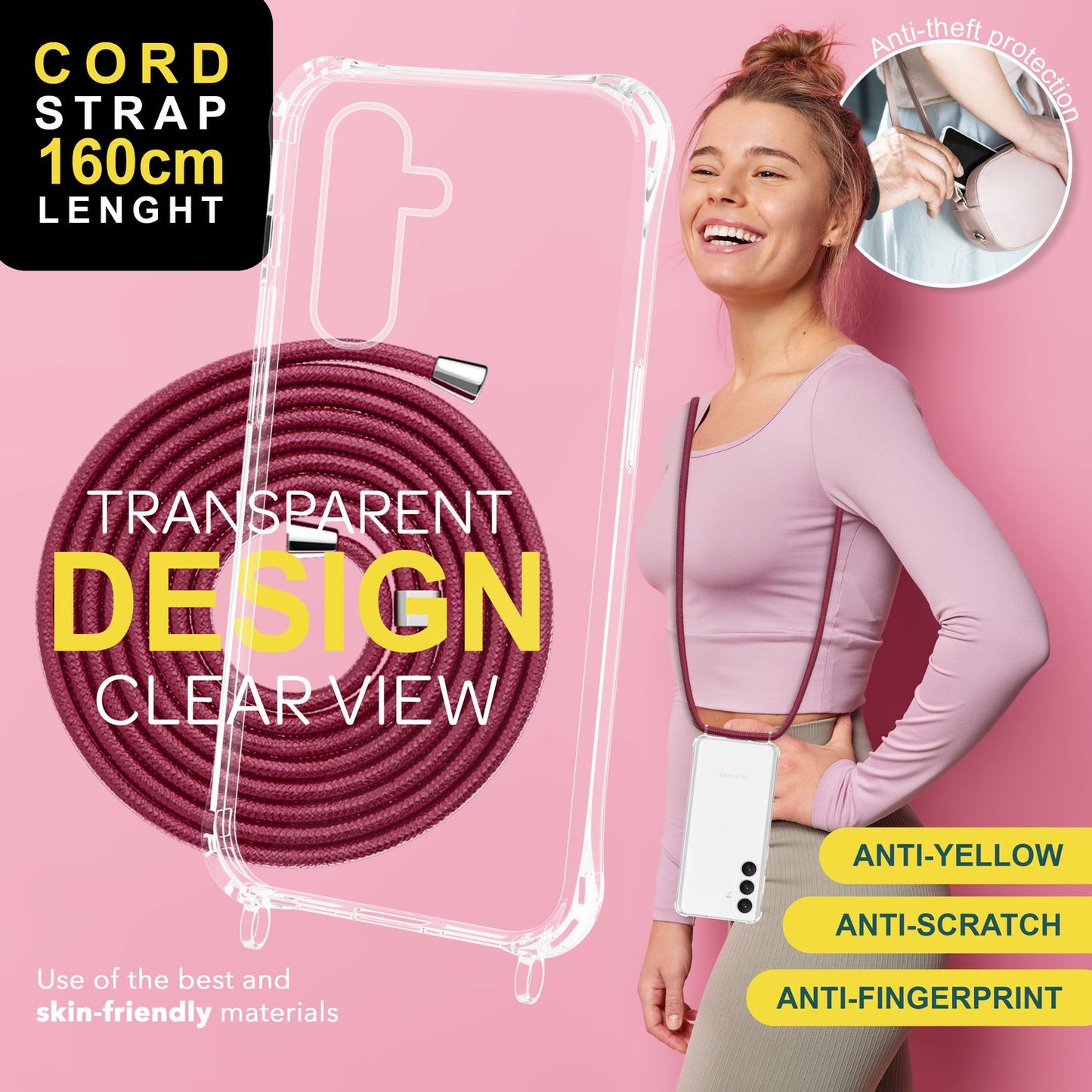 NALIA gegnsætt hlífðarhulstur með keðju fyrir Samsung Galaxy S24, gegnsætt og sterkt símahulstur með ól til að bera um hálsinn