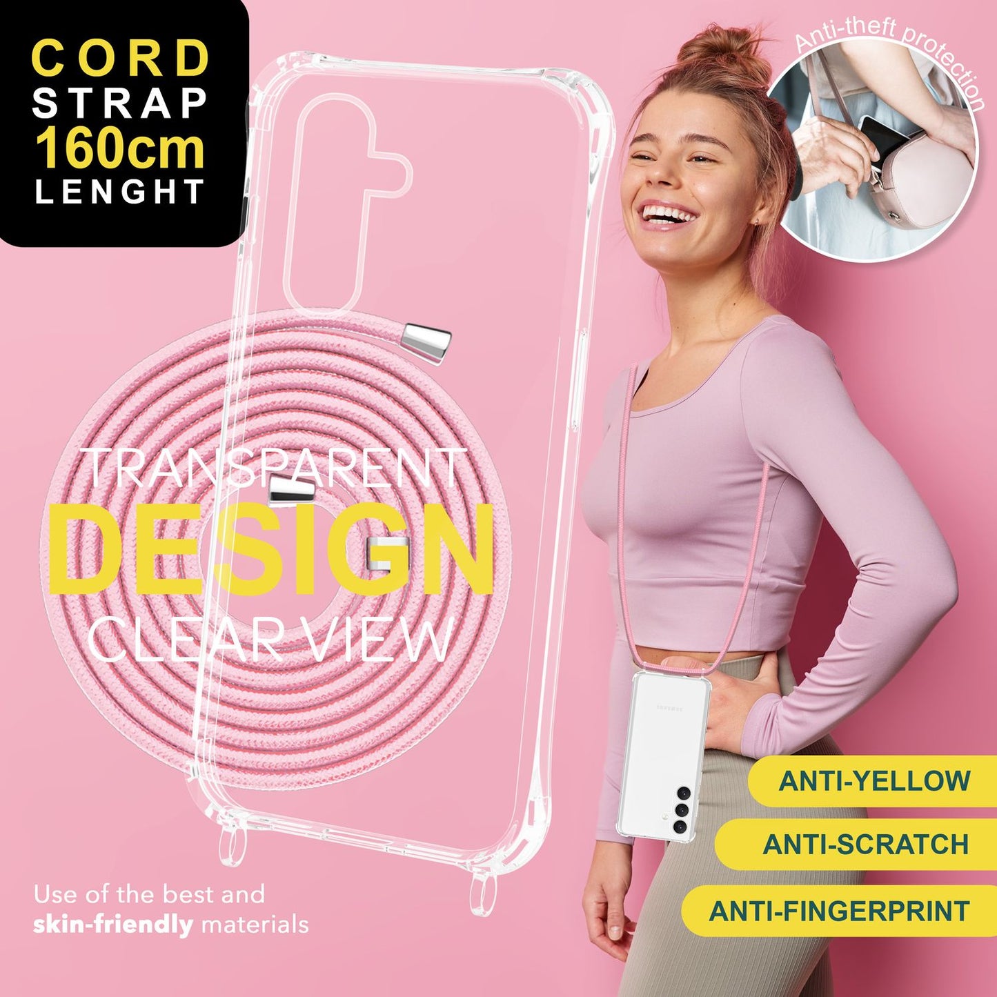 NALIA gegnsætt hlífðarhulstur með keðju fyrir Samsung Galaxy S24, gegnsætt og sterkt símahulstur með ól til að bera um hálsinn