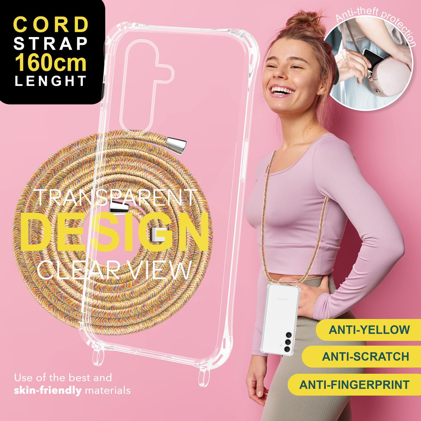 NALIA Clear Protective Case with Chain for Samsung Galaxy S24 Plus, Transparent Sturdy Phone Case with Lanyard