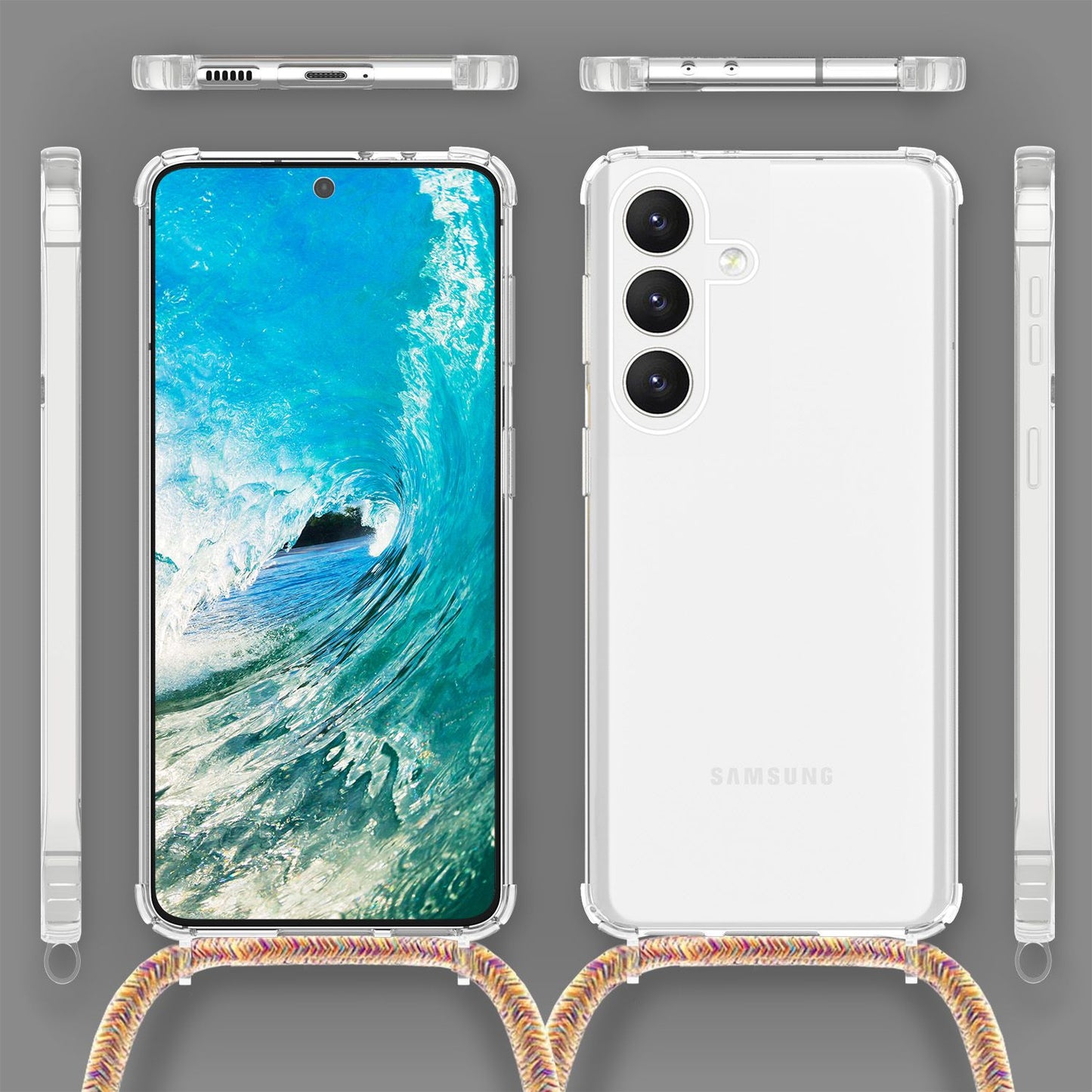 NALIA Clear Protective Case with Chain for Samsung Galaxy S24 Plus, Transparent Sturdy Phone Case with Lanyard