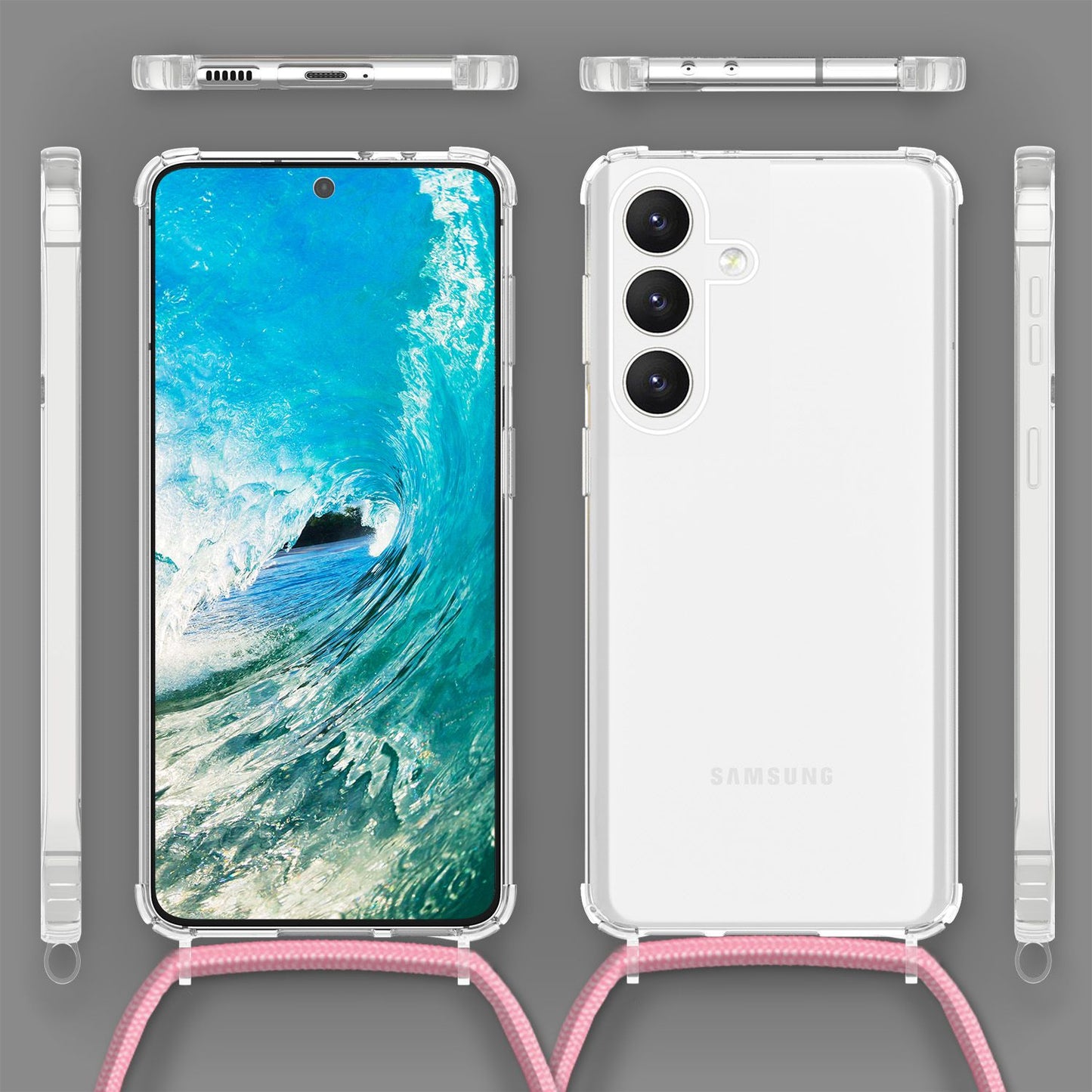 NALIA Clear Protective Case with Chain for Samsung Galaxy S24 Plus, Transparent Sturdy Phone Case with Lanyard