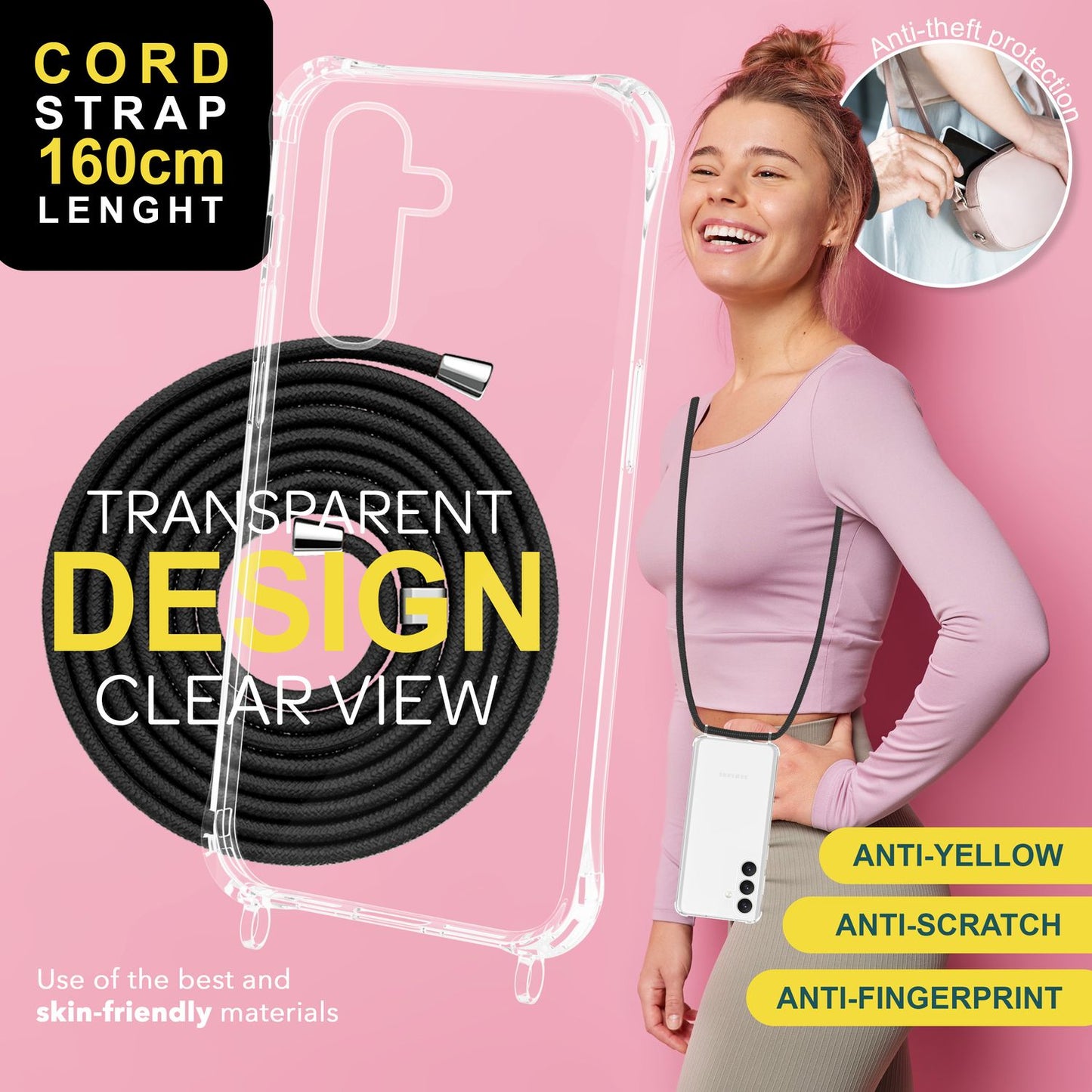 NALIA Clear Protective Case with Chain for Samsung Galaxy S24 Plus, Transparent Sturdy Phone Case with Lanyard