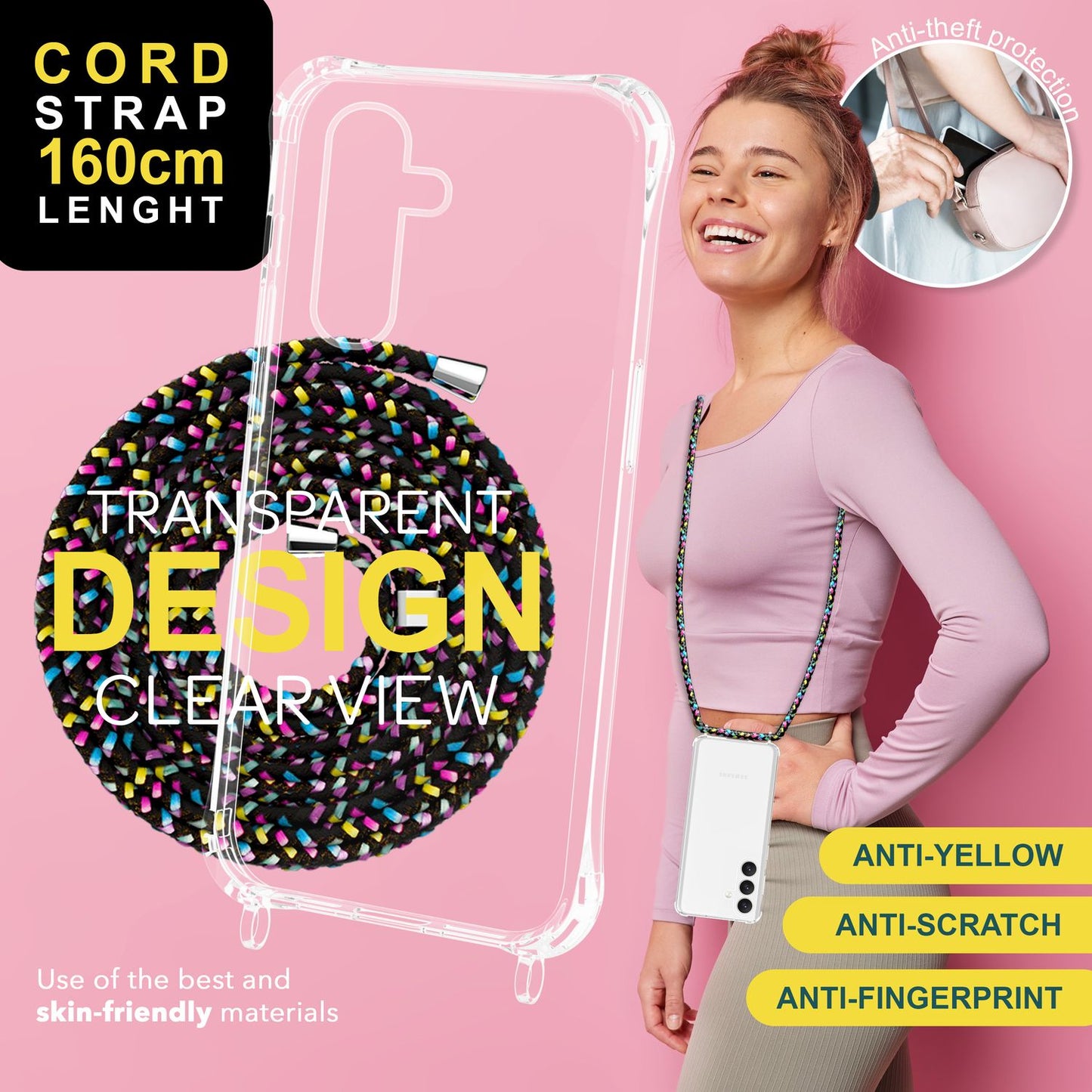 NALIA Clear Protective Case with Chain for Samsung Galaxy S24 Plus, Transparent Sturdy Phone Case with Lanyard