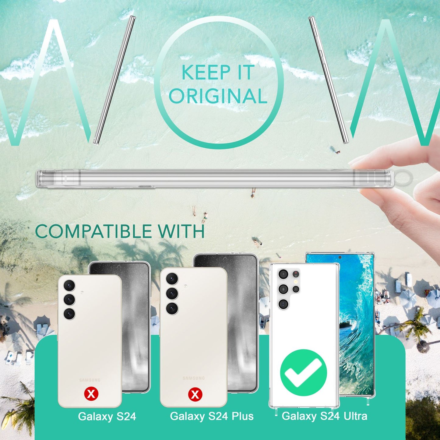 NALIA gegnsætt verndarhulstur með keðju fyrir Samsung Galaxy S24 Ultra, gegnsætt og sterkt símahulstur með snúru