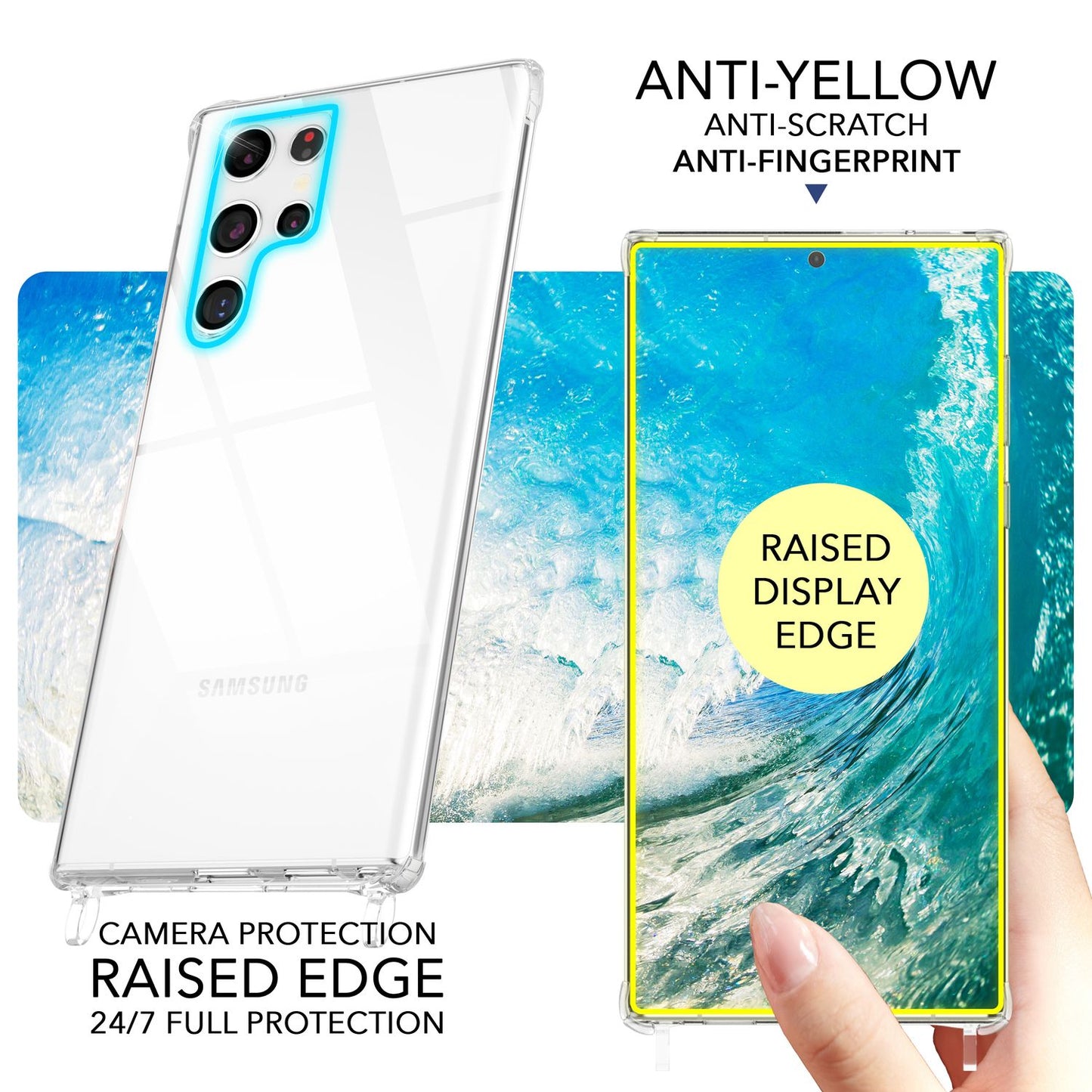 NALIA gegnsætt verndarhulstur með keðju fyrir Samsung Galaxy S24 Ultra, gegnsætt og sterkt símahulstur með snúru