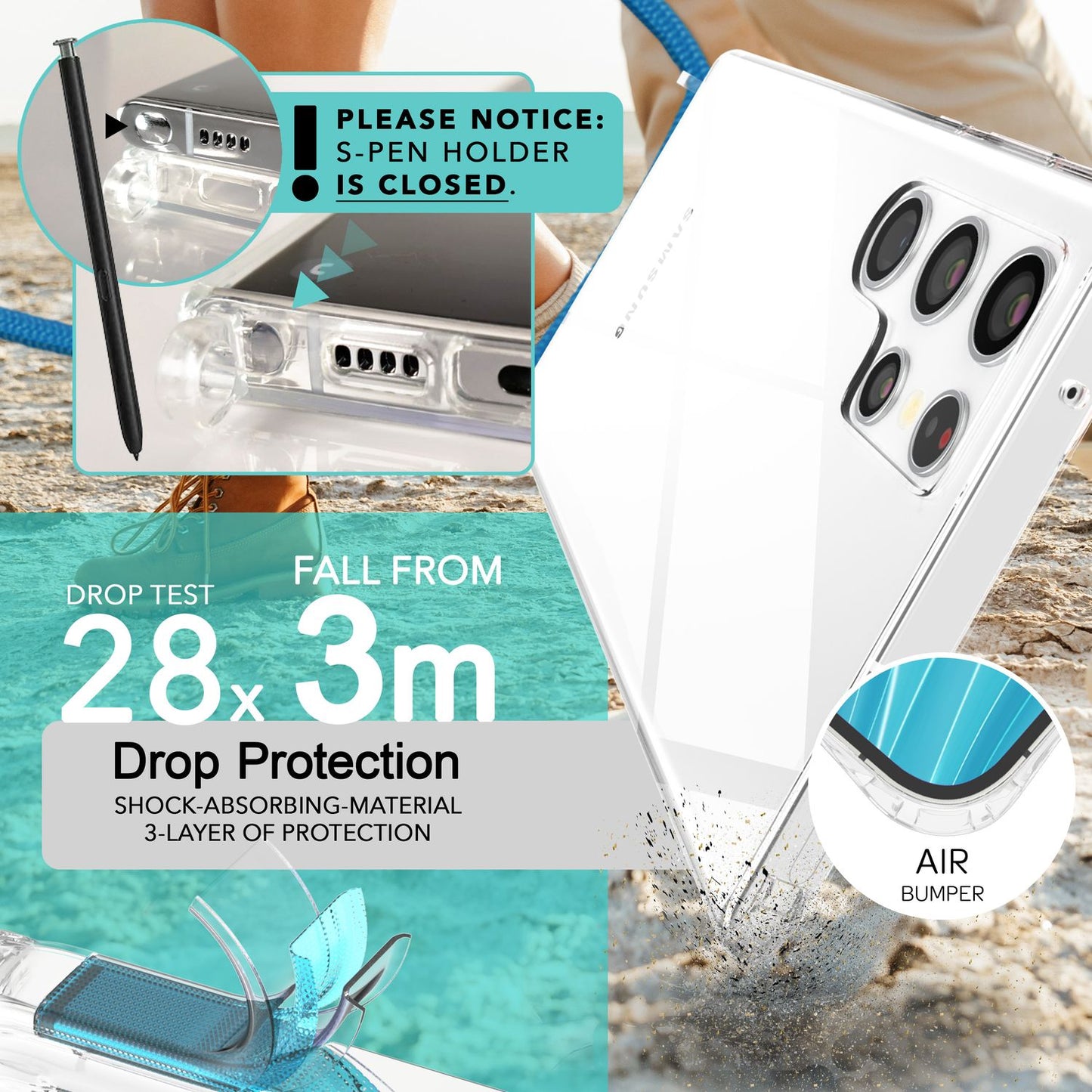 NALIA gegnsætt verndarhulstur með keðju fyrir Samsung Galaxy S24 Ultra, gegnsætt og sterkt símahulstur með snúru