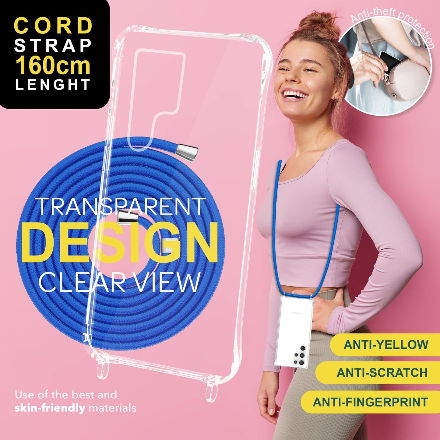 NALIA gegnsætt verndarhulstur með keðju fyrir Samsung Galaxy S24 Ultra, gegnsætt og sterkt símahulstur með snúru