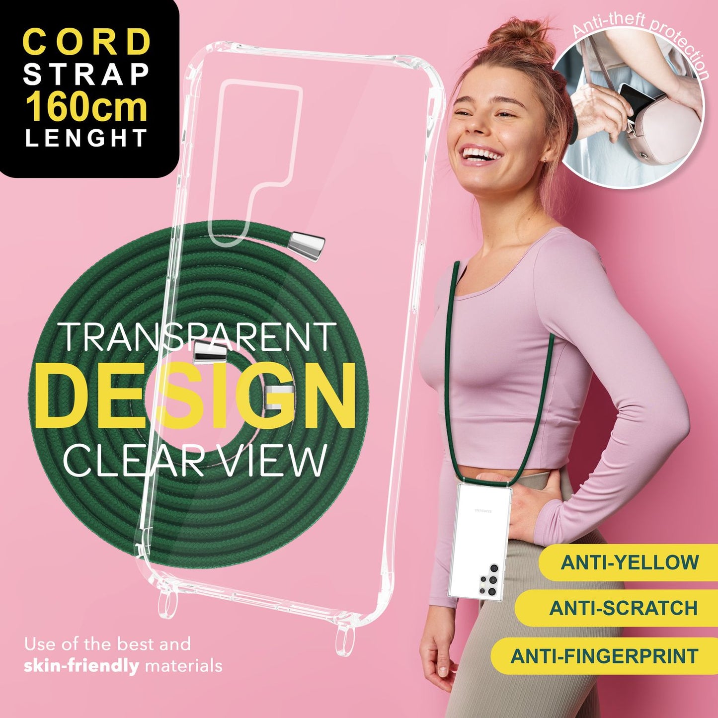 NALIA gegnsætt verndarhulstur með keðju fyrir Samsung Galaxy S24 Ultra, gegnsætt og sterkt símahulstur með snúru