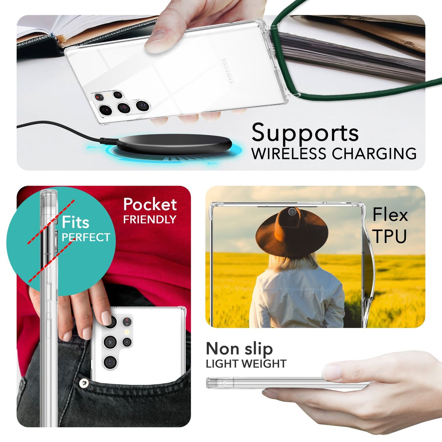 NALIA gegnsætt verndarhulstur með keðju fyrir Samsung Galaxy S24 Ultra, gegnsætt og sterkt símahulstur með snúru