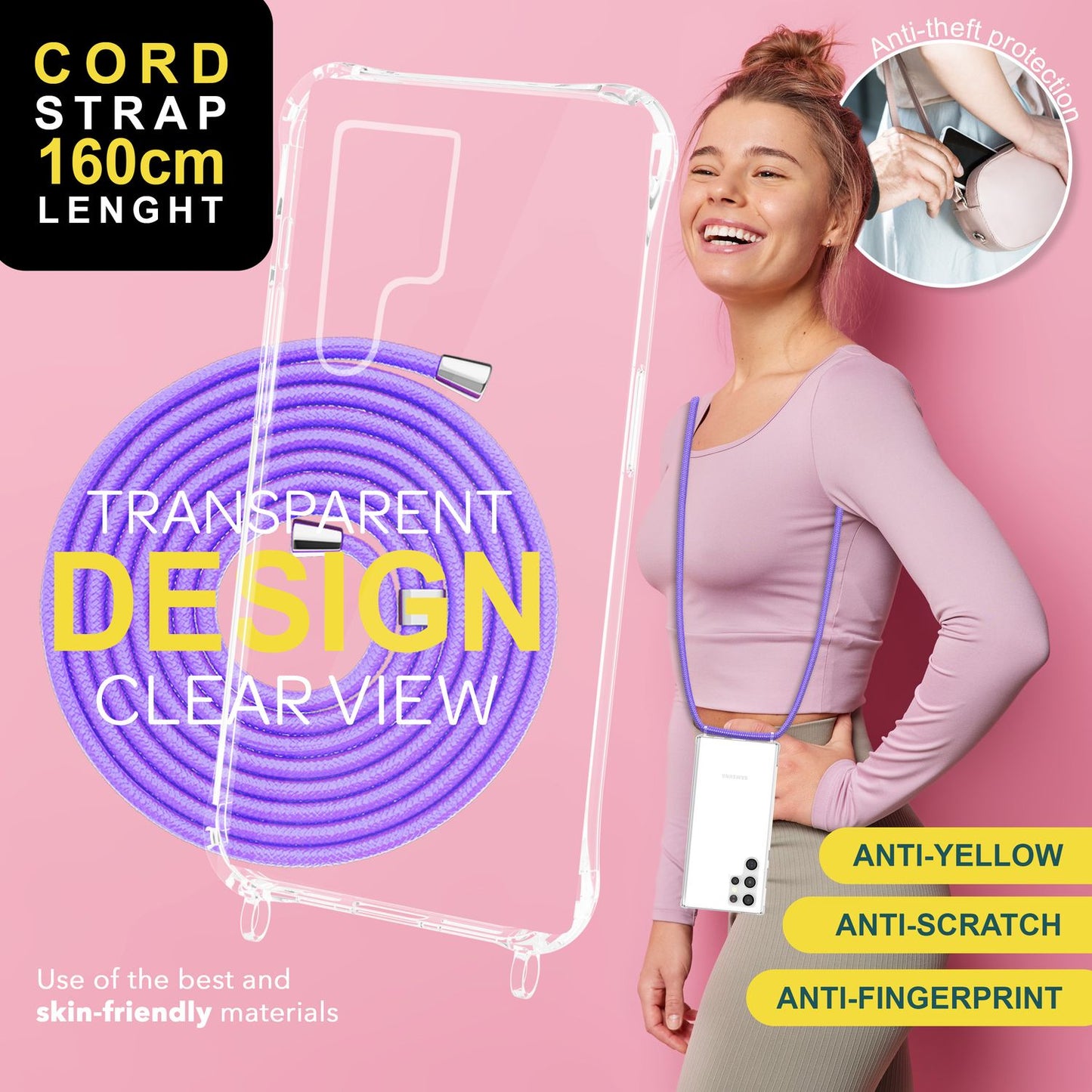 NALIA gegnsætt verndarhulstur með keðju fyrir Samsung Galaxy S24 Ultra, gegnsætt og sterkt símahulstur með snúru