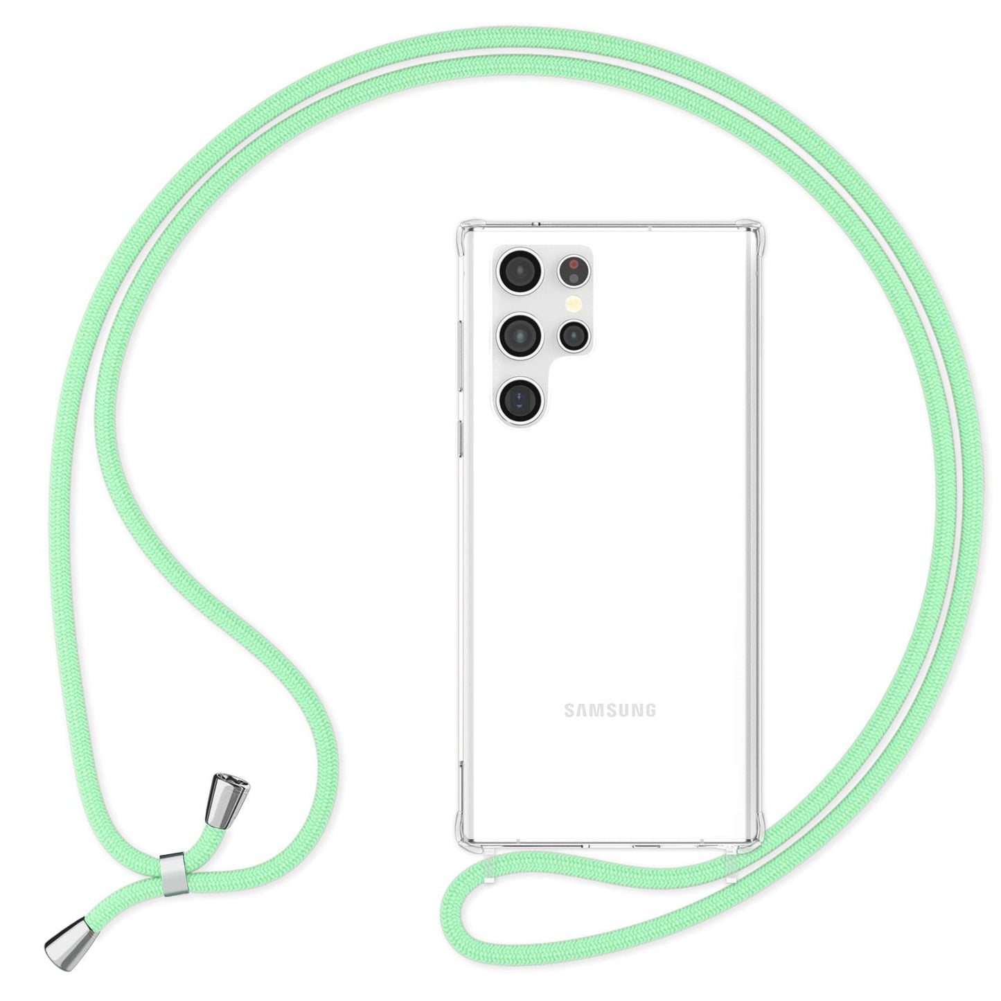 NALIA gegnsætt verndarhulstur með keðju fyrir Samsung Galaxy S24 Ultra, gegnsætt og sterkt símahulstur með snúru